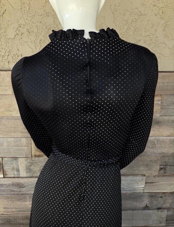 Vtg 70s ILGWU Union Made Black White Polka Dot Long Sleeve Maxi Dress Size 9
