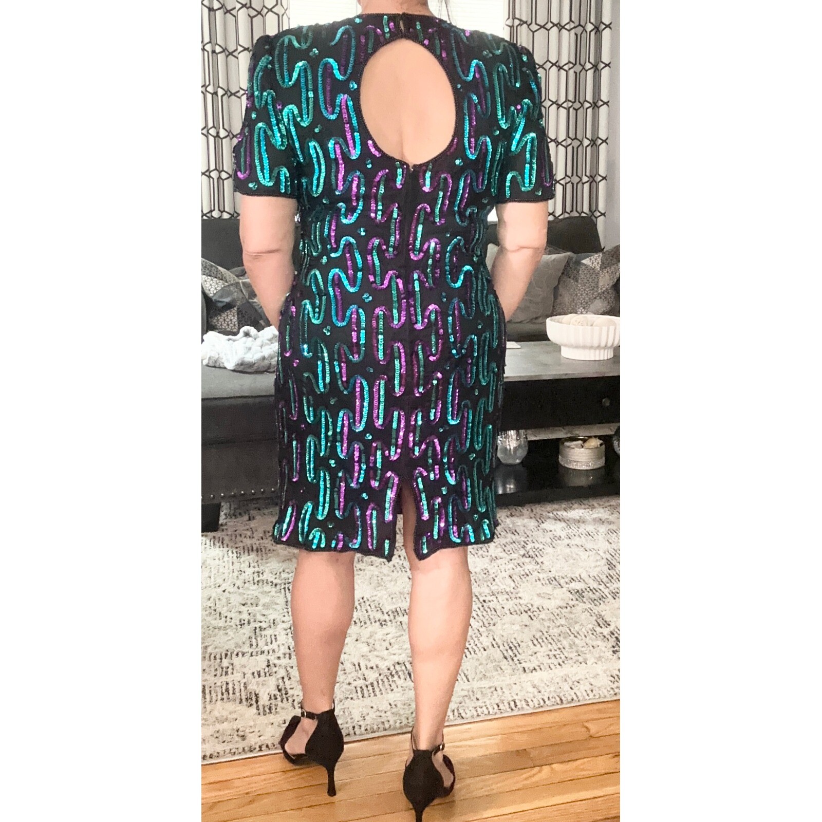 VTG Eves Allure Sequin Beaded Black Silk Short Sleeve Cocktail Party Dress L