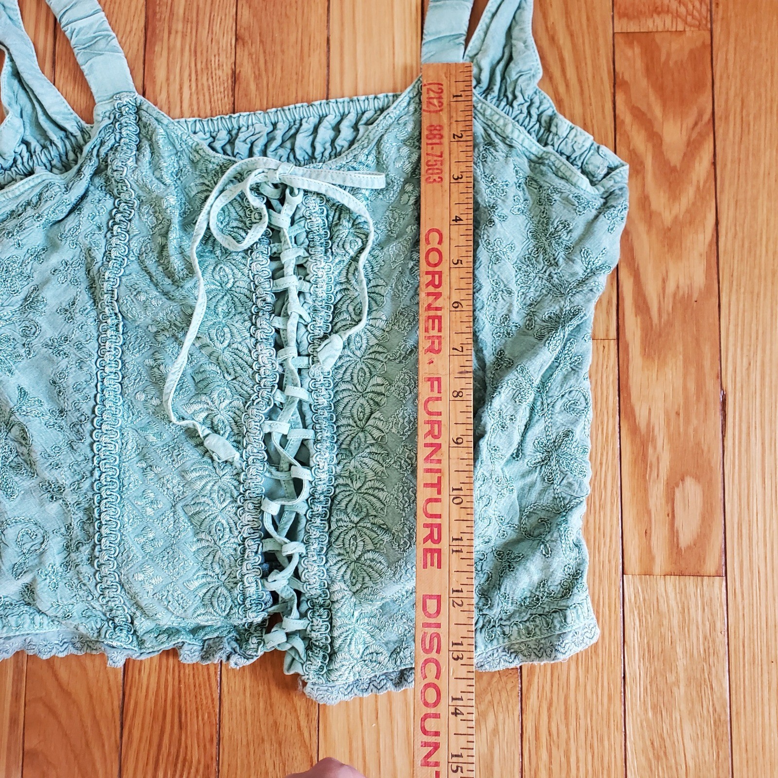 Vintage Y2K Boho Sage Green Embroidered Lace Up Cami Corset Top Free Size Hippie