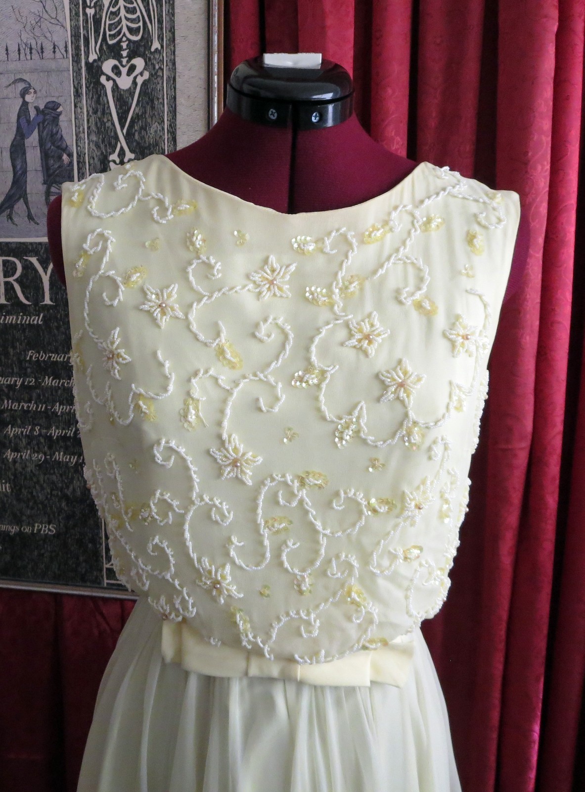 1960s Butter Yellow Beaded Floaty Chiffon Cocktail Party Dress I. Magnin XS
