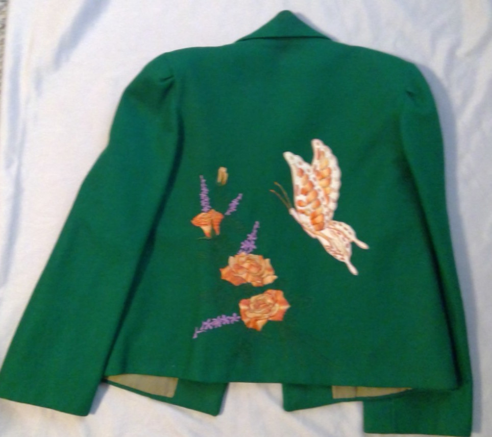 Vintage homemade fully lined green felt jacket embellished w/embroidery size 12p