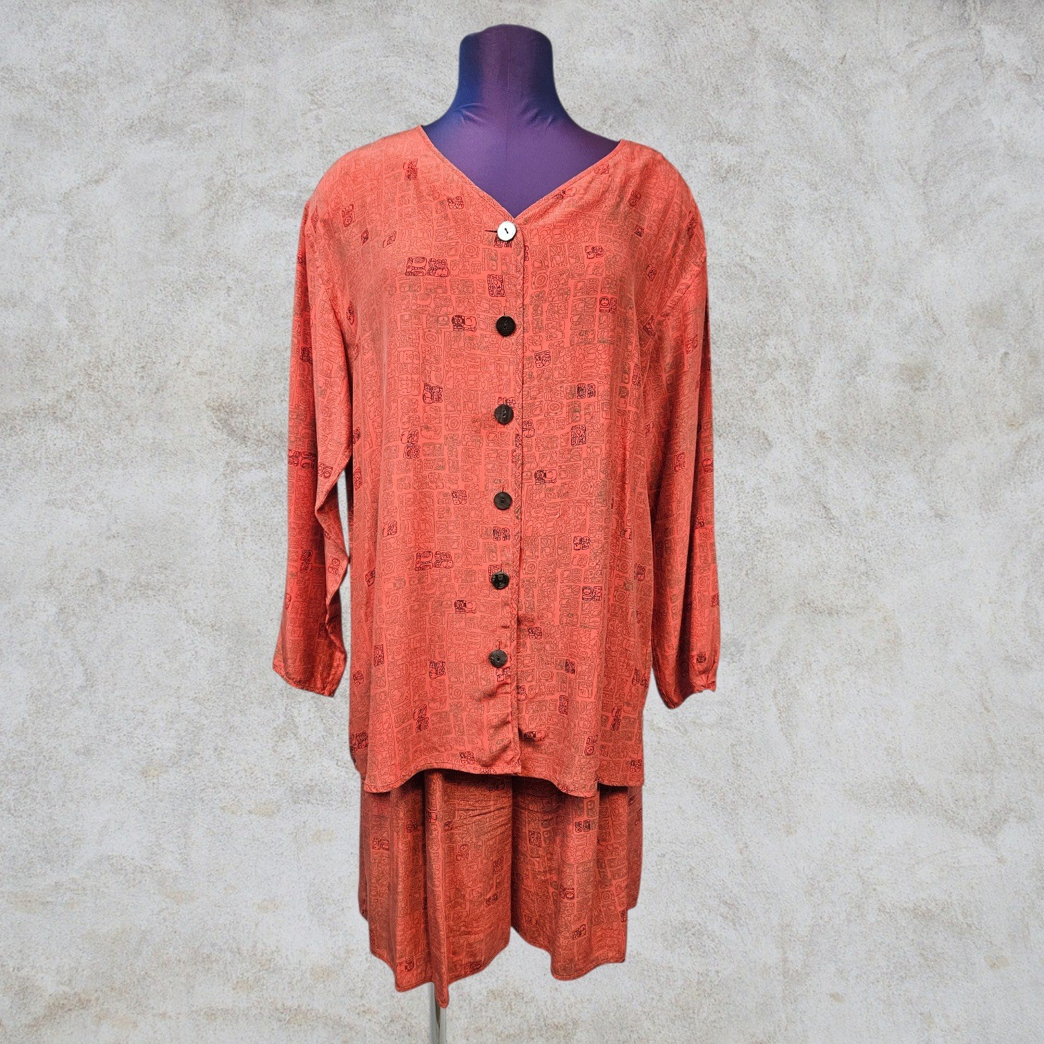 Vintage Silk Terracotta Mayan Glyph Print Tunic & Culottes 2 Piece Set Womens