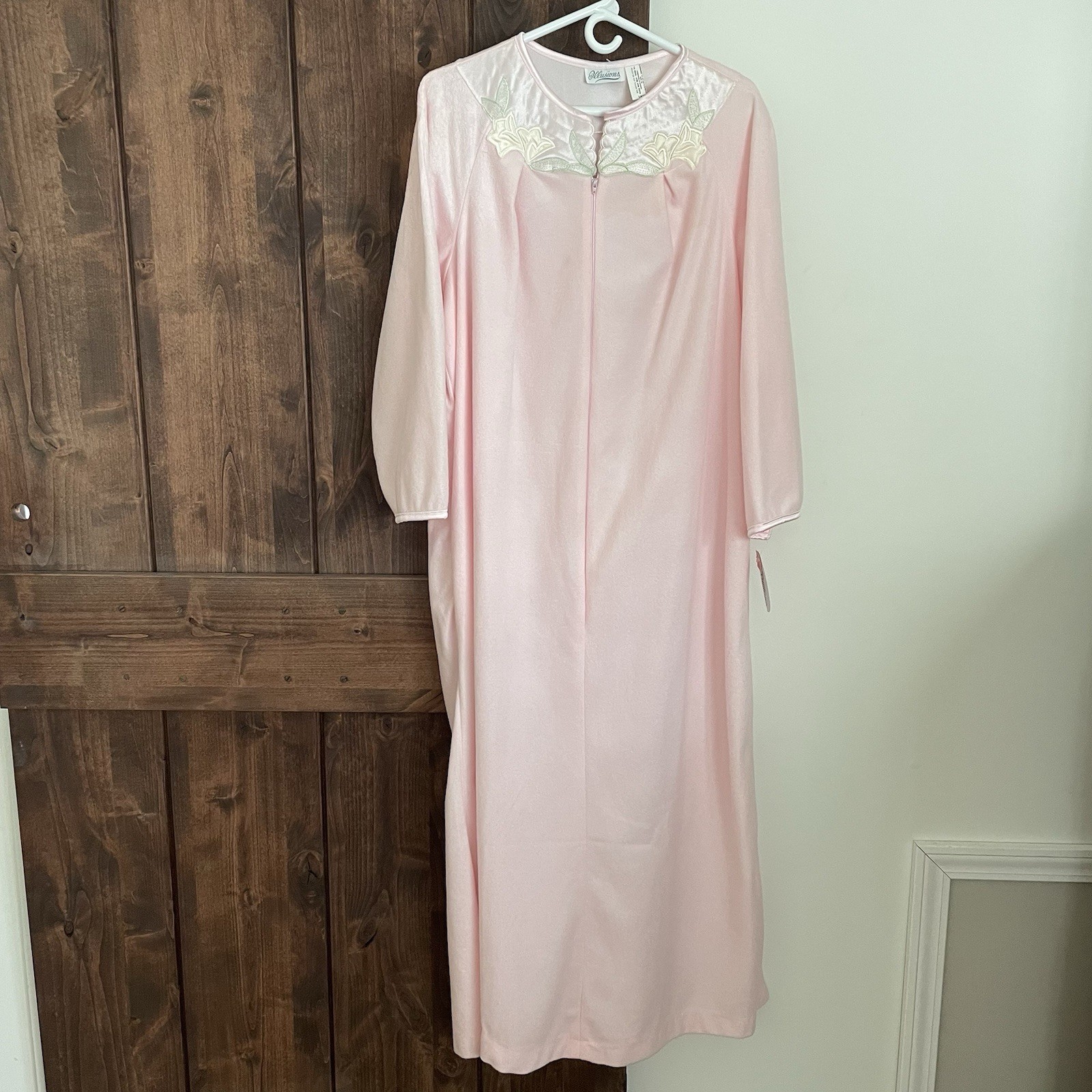 Vtg Illusions Pink Fleece Robe Tulip Applique Zip Nightgown Large Housecoat