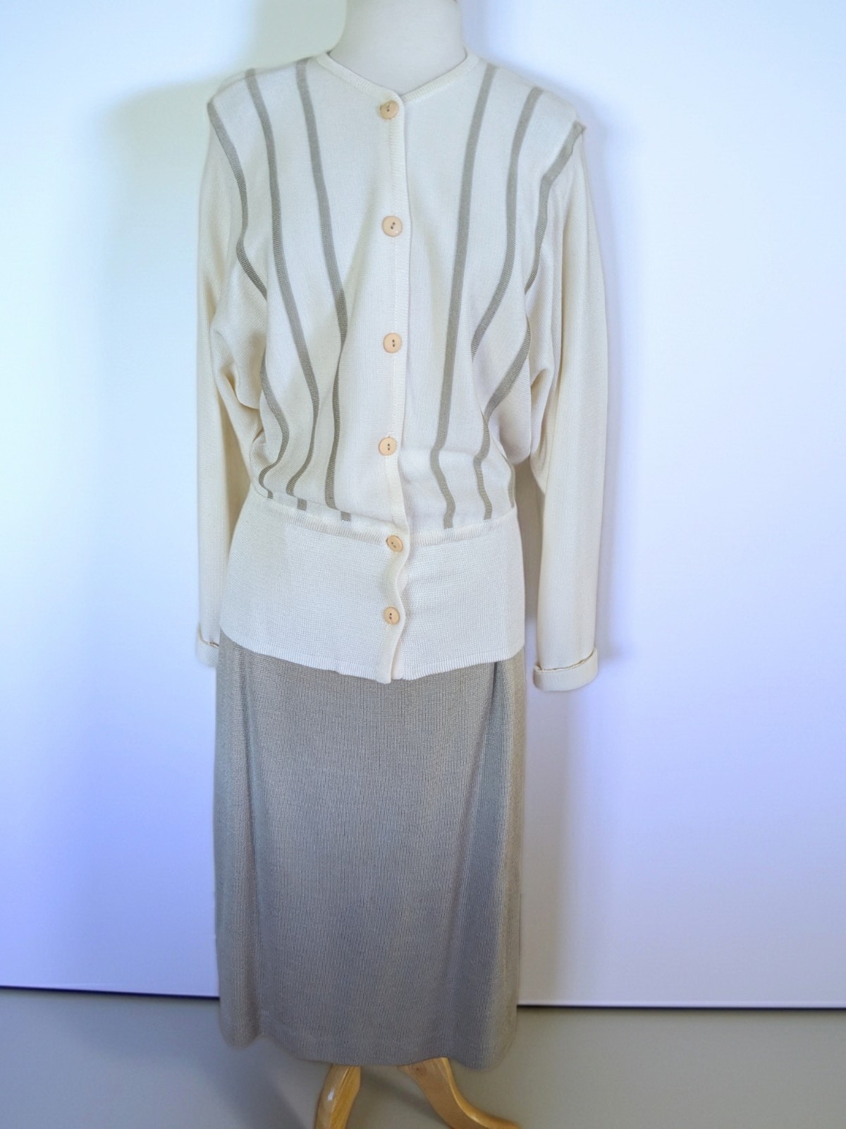 Vintage 80s Medici Sport Knit Skirt Set Made in Italy Cream Cardigan Midi Skirt