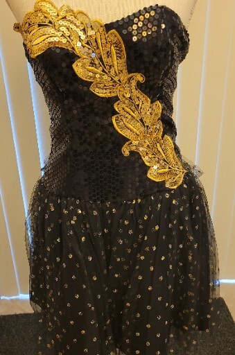 Vtg 80s Alfred Angelo Cocktail Dress Flirtations Blk Gold Sequin Tulle Sz 7-8