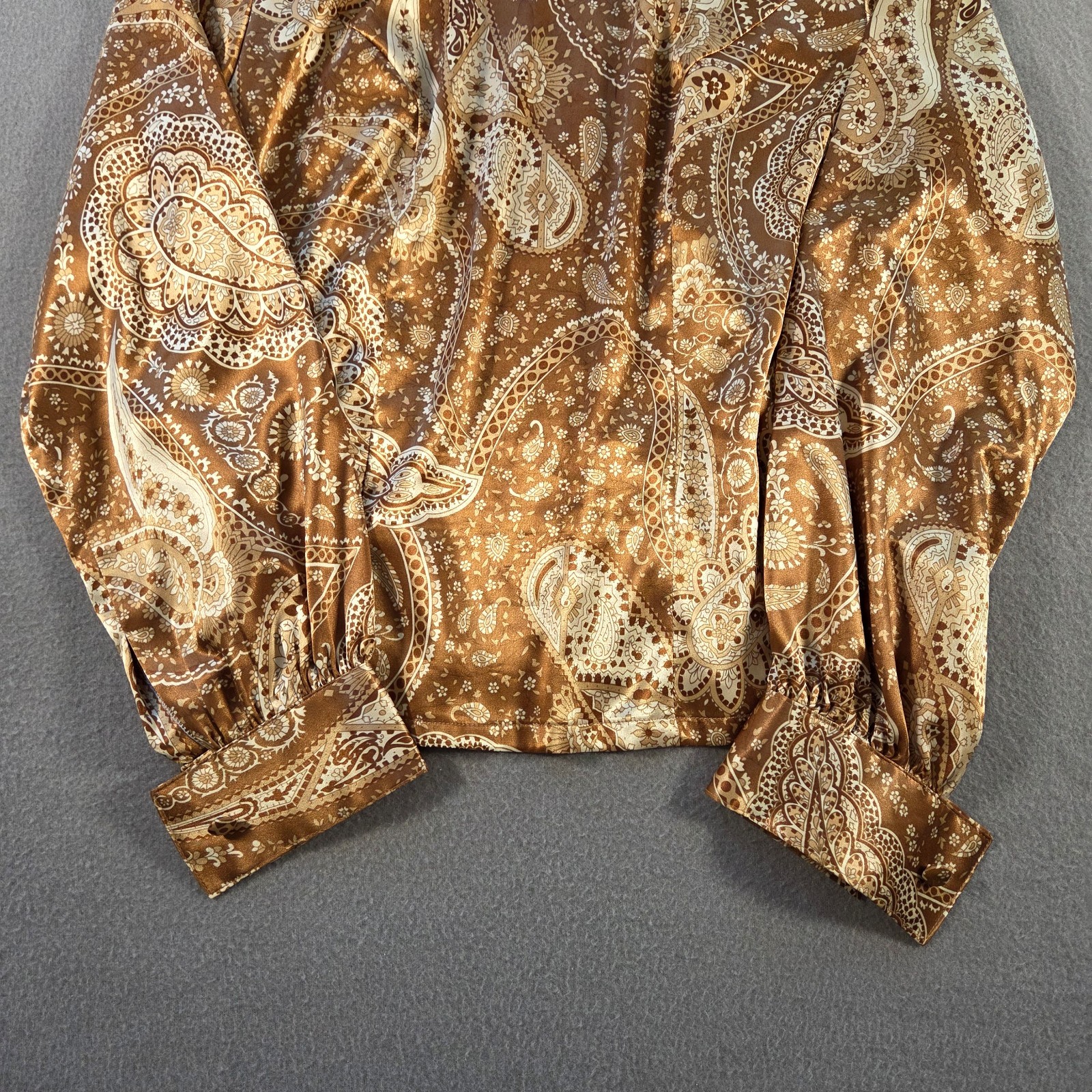 Vintage Satin Blouse Womens Medium Brown Paisley Print High Neck Silky 80s