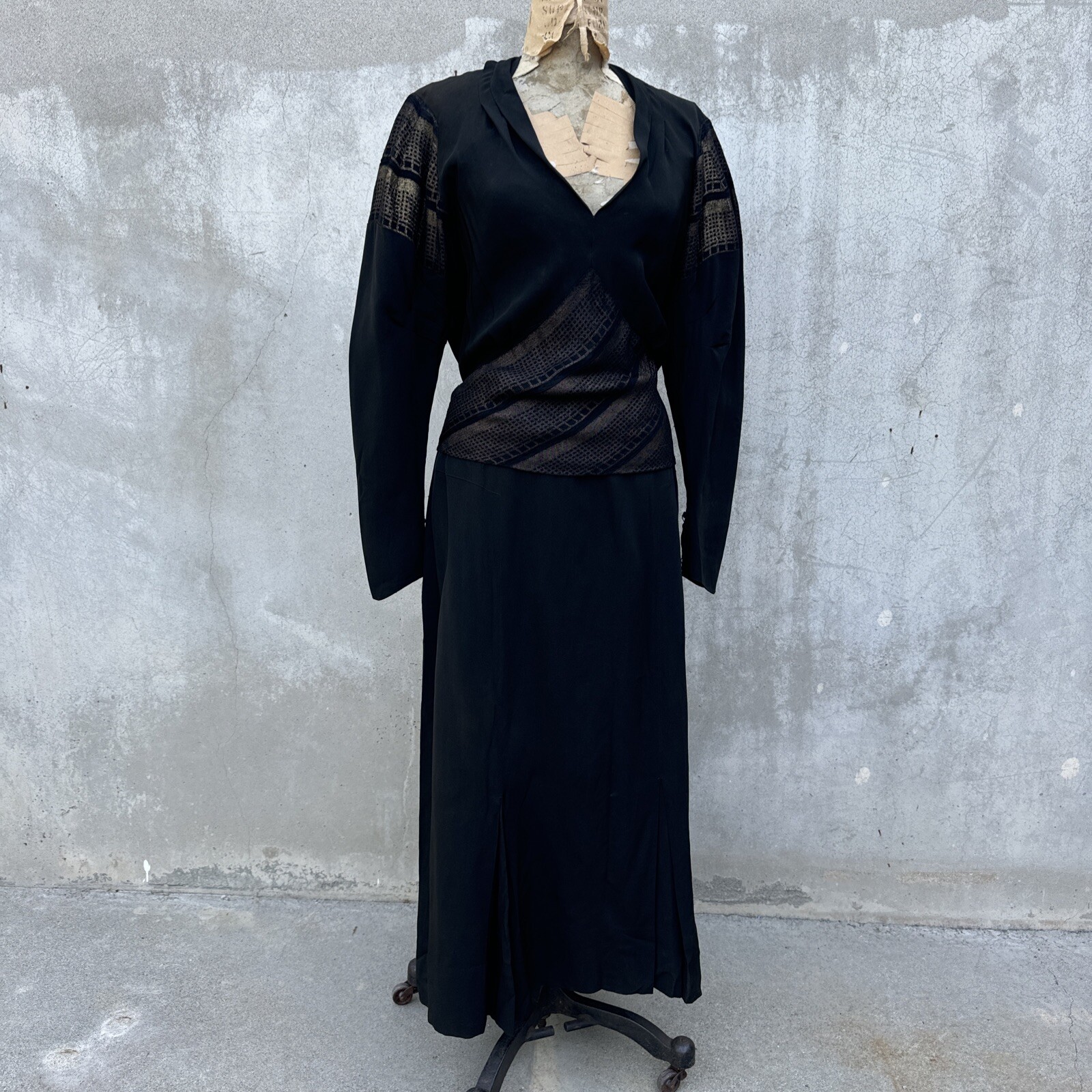 Vintage 1930s Black Silk & Gold Lamé Dress Full Length Geometric Art Deco