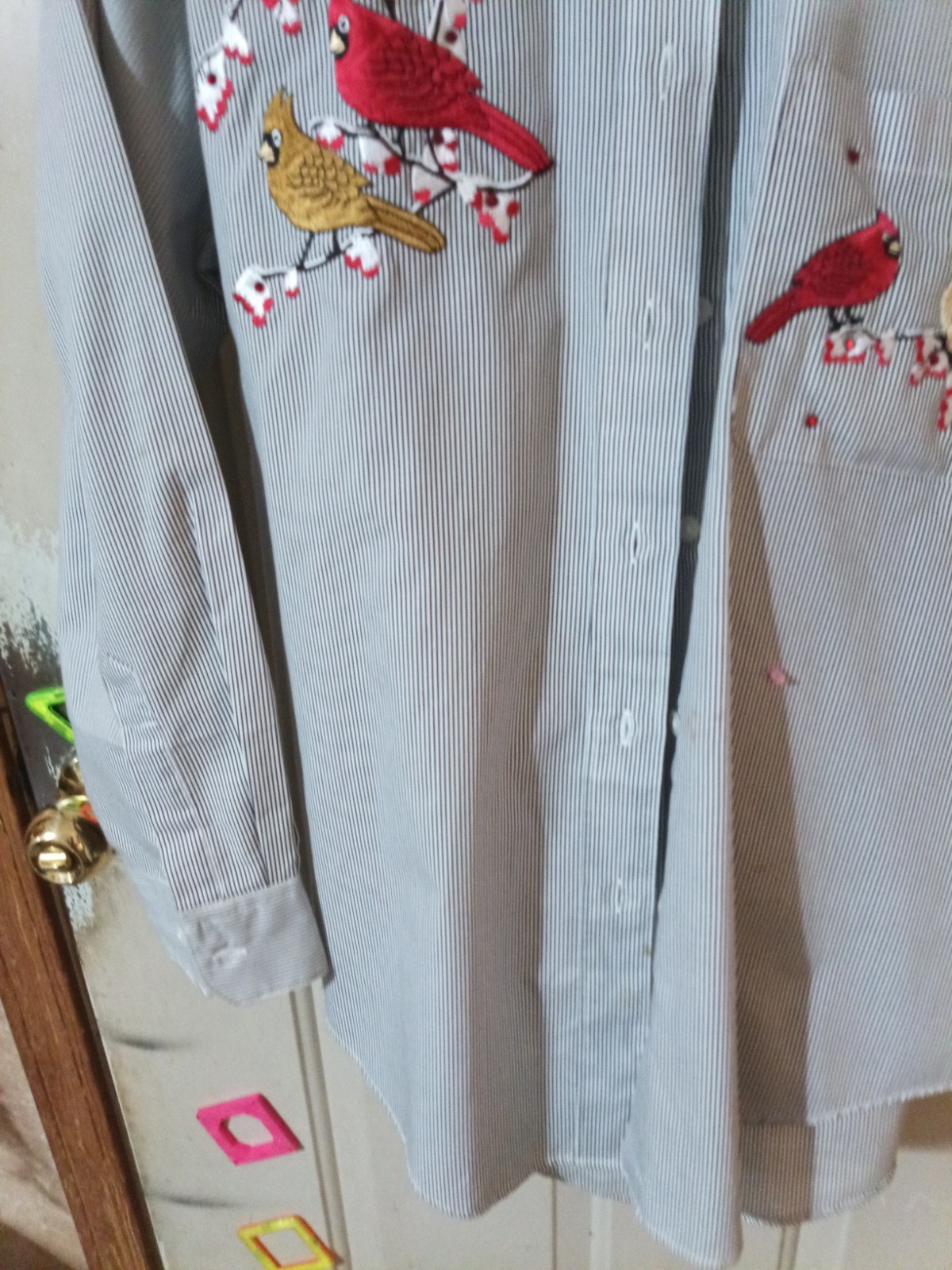 Las olas Womens Button Up S Blue Pin Striped Shirt. Embroidered Cardinals