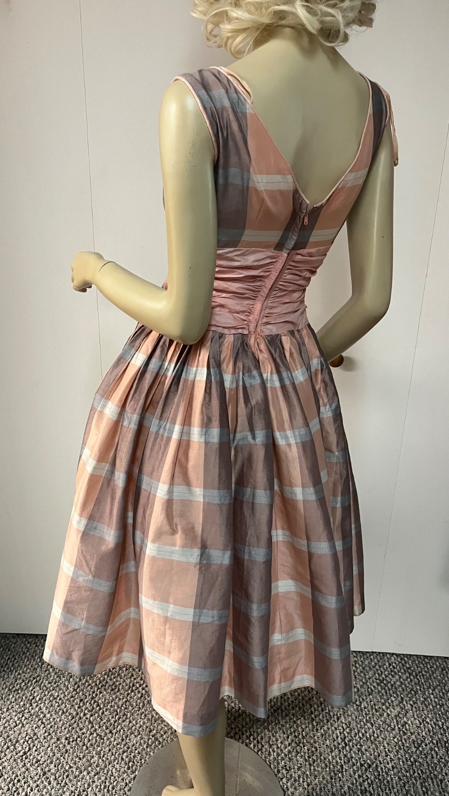Vintage 1950 Plaid Back Zipper Cummerbund Crinoline Cocktail Party Dress Bust 33