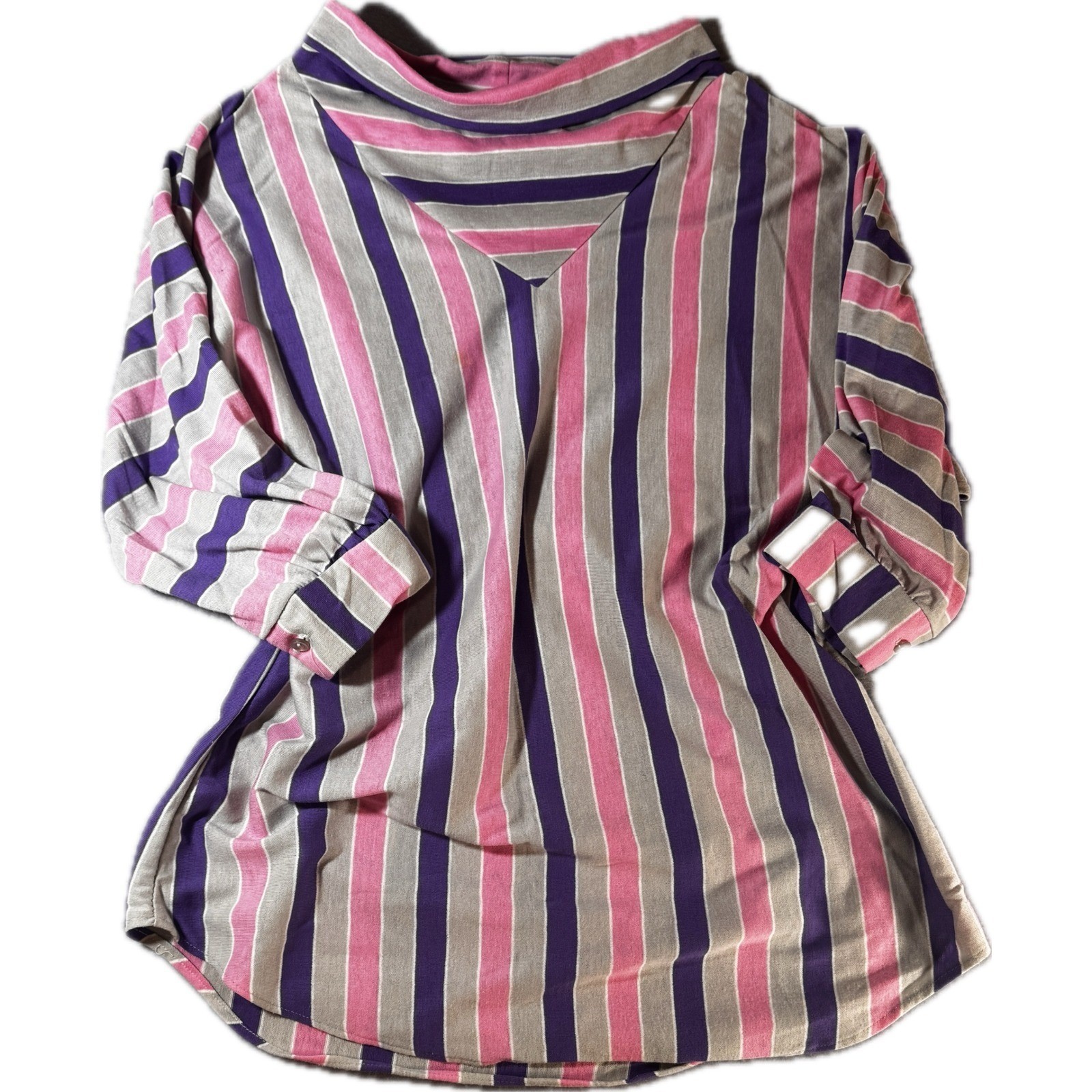 Vintage Ermane Pink Purple Grey Striped Dolman Sleeve Blouse Made in USA L