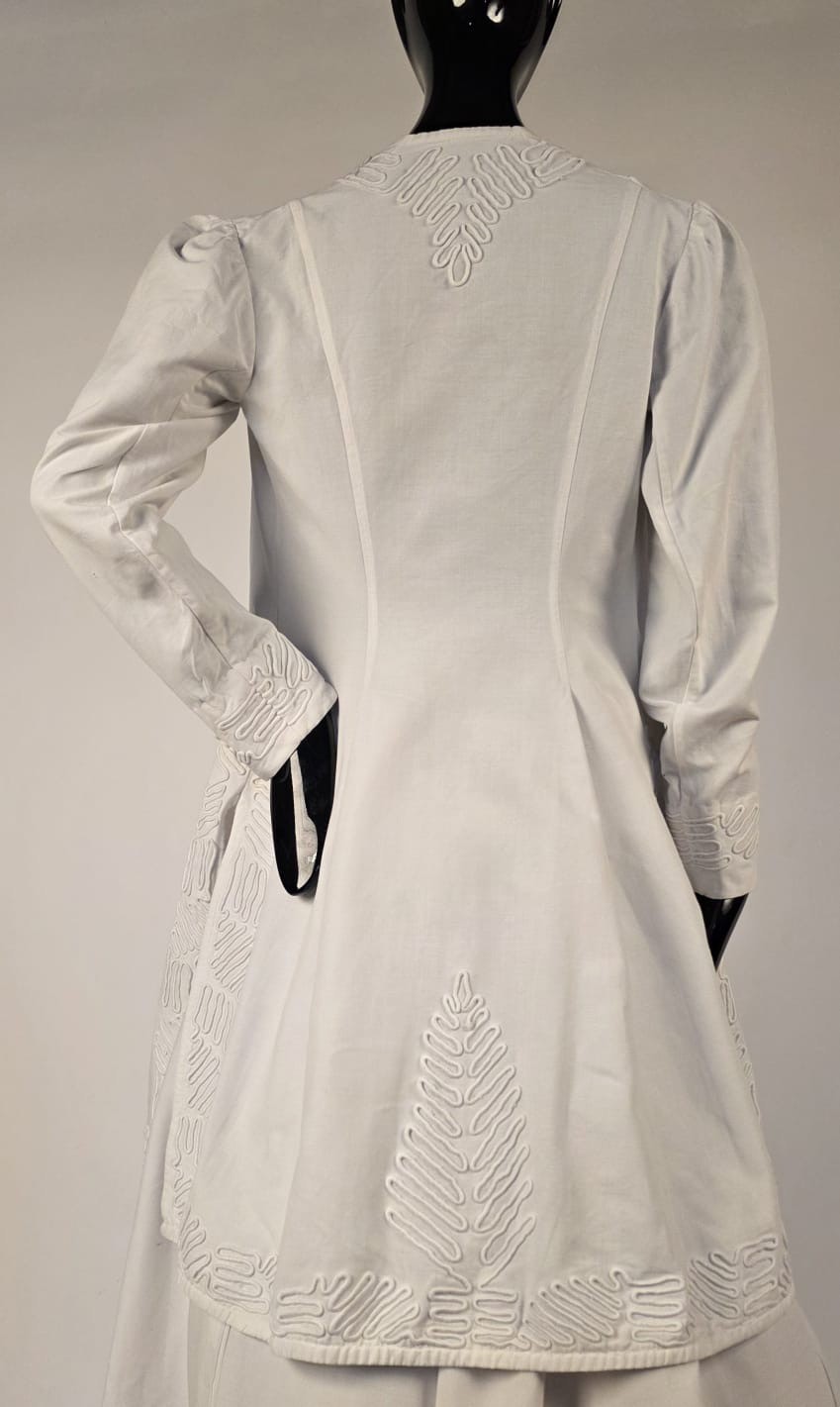ANTIQUE EDWARDIAN 2 PC WHITE WALKING SUIT W SOUTACHE DETAILING