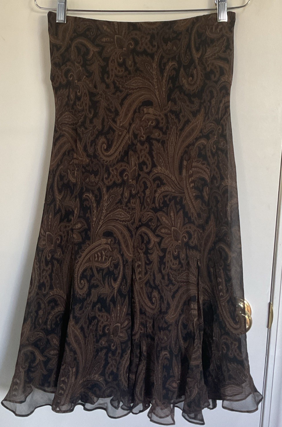 Ralph Lauren Layered Silk Brown Chiffon Paisley Flowing Midi Skirt Sz M 8 10