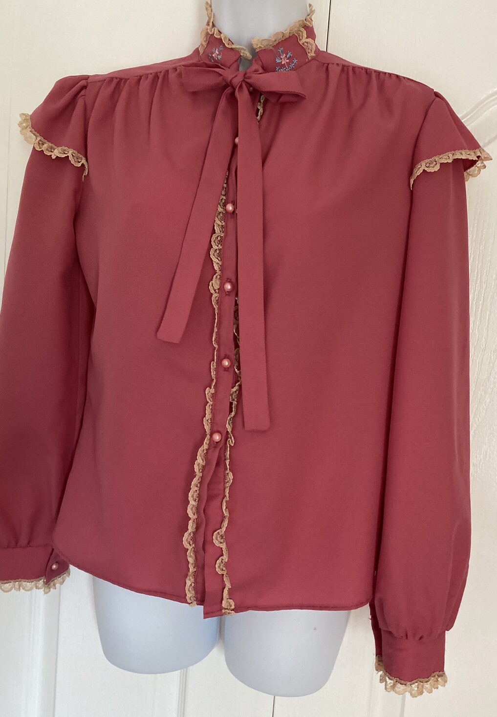 Vintage Top Blouse Pearlette Prairie Cottagecore Sleeve Mauve Pink Tie Small