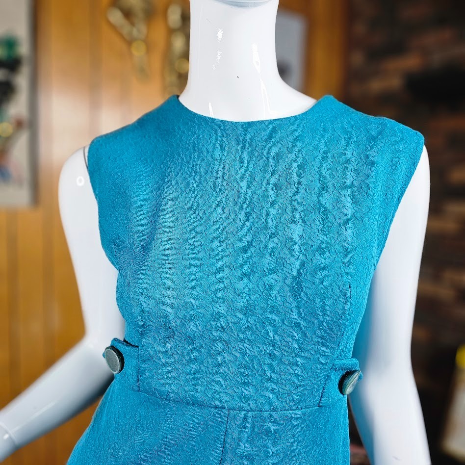 Vintage 60s Mod Go Go A-Line Empire Mini Shift Teal Texture Knit Party Dress M/L