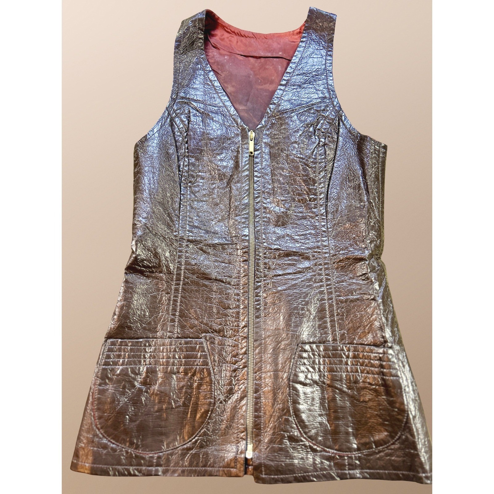 Four Corners Vintage 80s Metallic Bronze Zip Front Mini Dress XS S