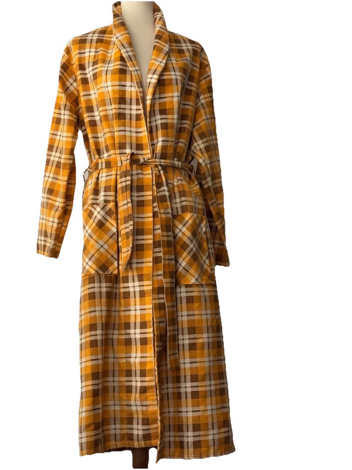 Atwood Robe (M 36-38 Unisex) Yellow Plaid Flannel Belted Pockets VTG, Excellent