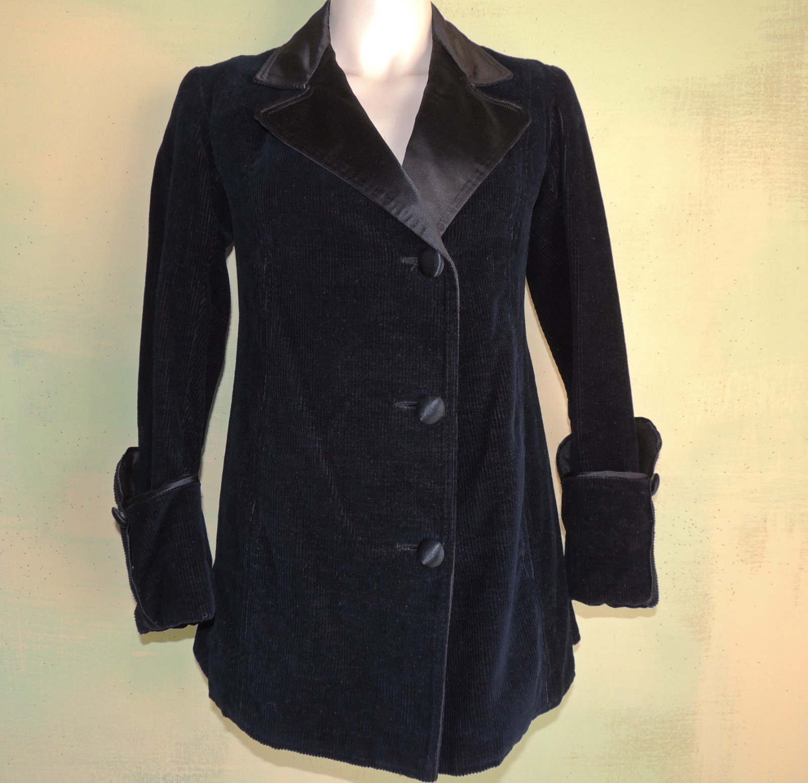 S Vintage 1910s Edwardian Walking Jacket Black Corduroy Silk Steampunk Rockstar