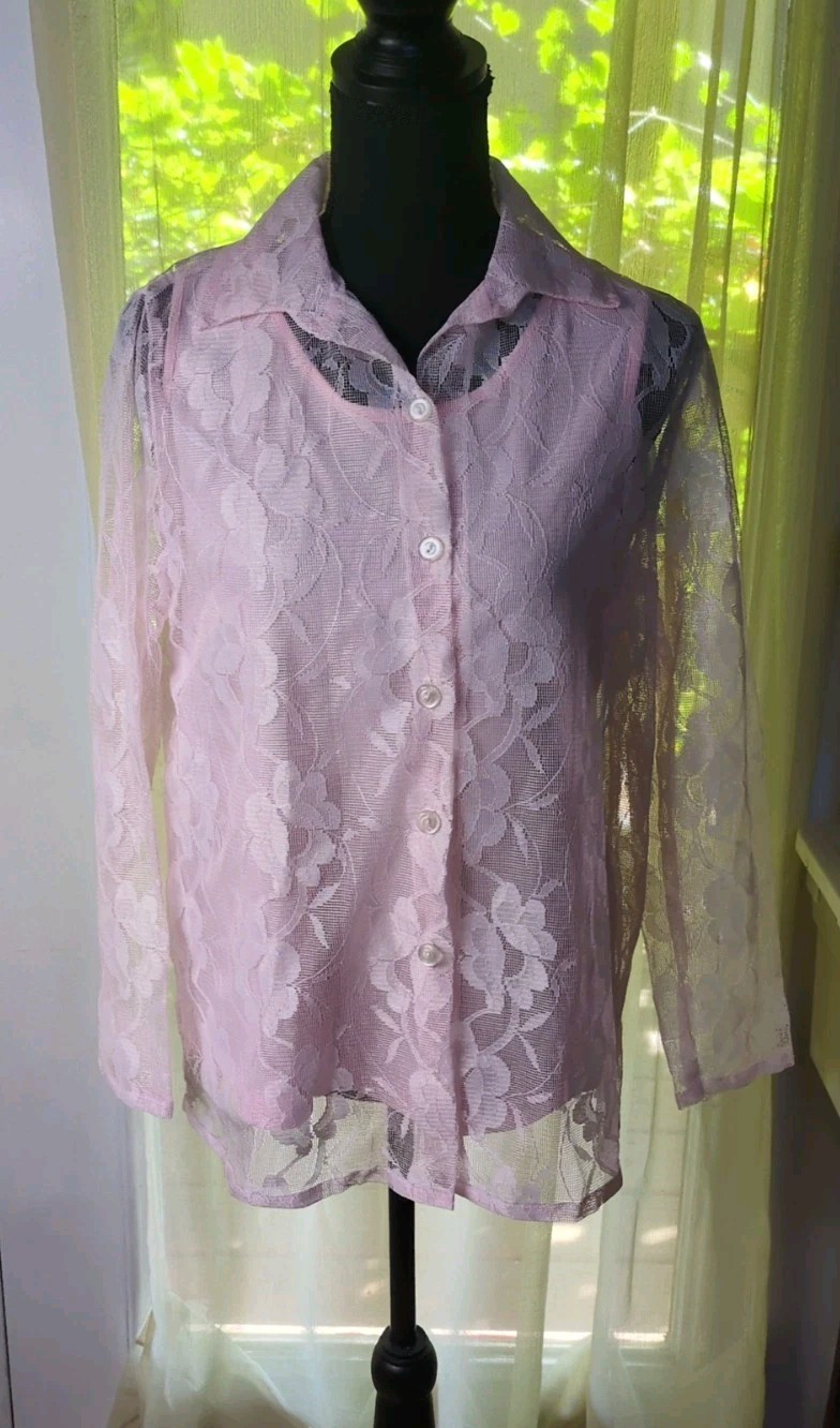 Vintage Blair Women&rsquo;s Small Two Piece Blouse Set Tank & Lace Button Up, Pink