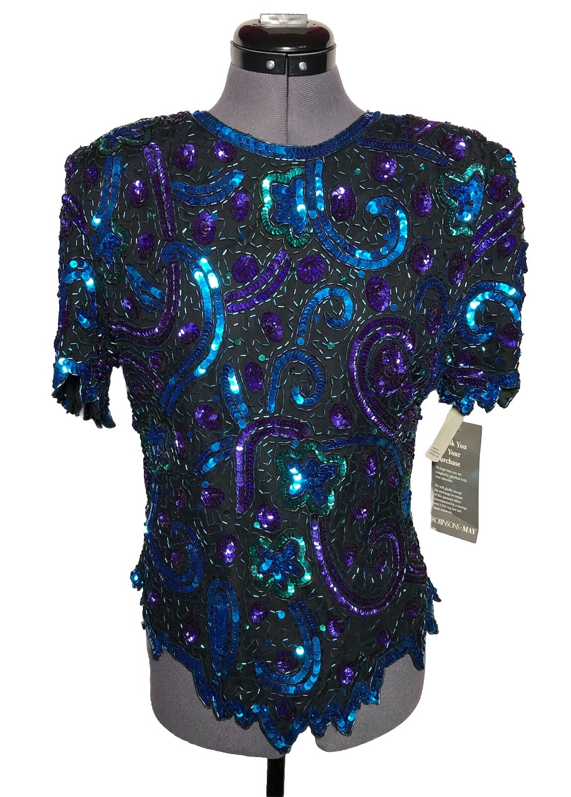 VTG 80s Lawrence Kazar Beaded Sequins Evening Wear Party Blue Top NWT B-37 L