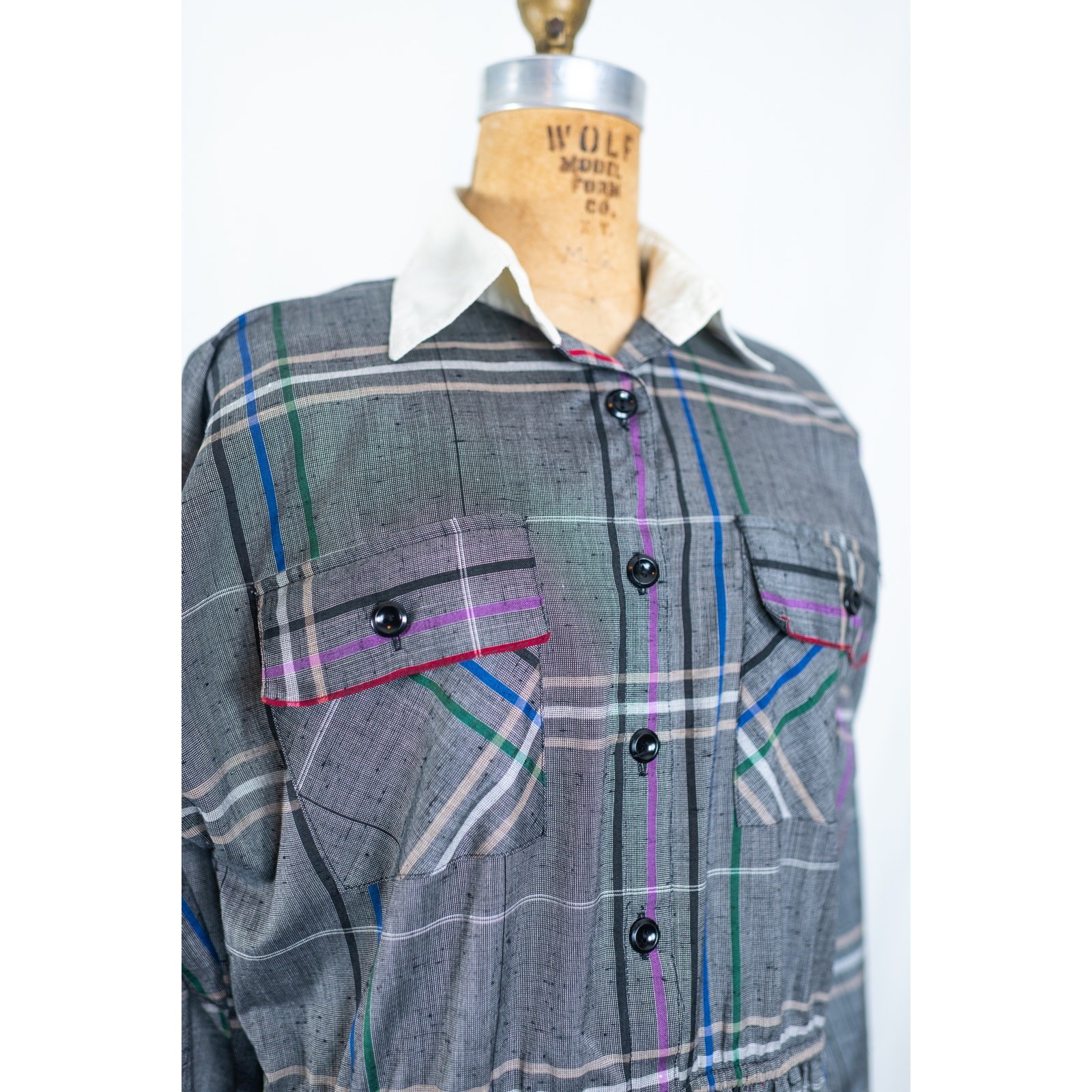 Vintage 90s Gray Plaid Midi Shirt Dress, Collared Long Sleeved, Academia, MED/LG