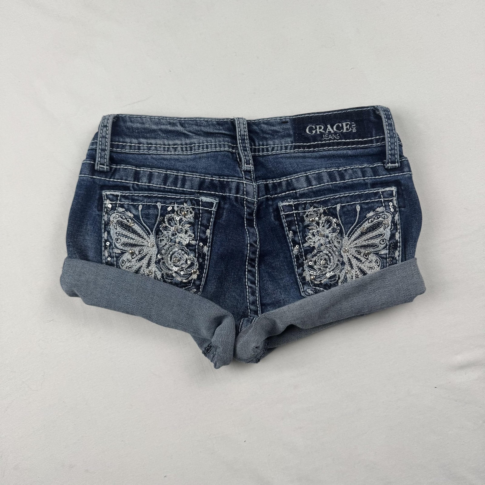 Grace In LA Denim Shorts Womens 12 Blue Rolled Cuff Embellished Pockets Casual