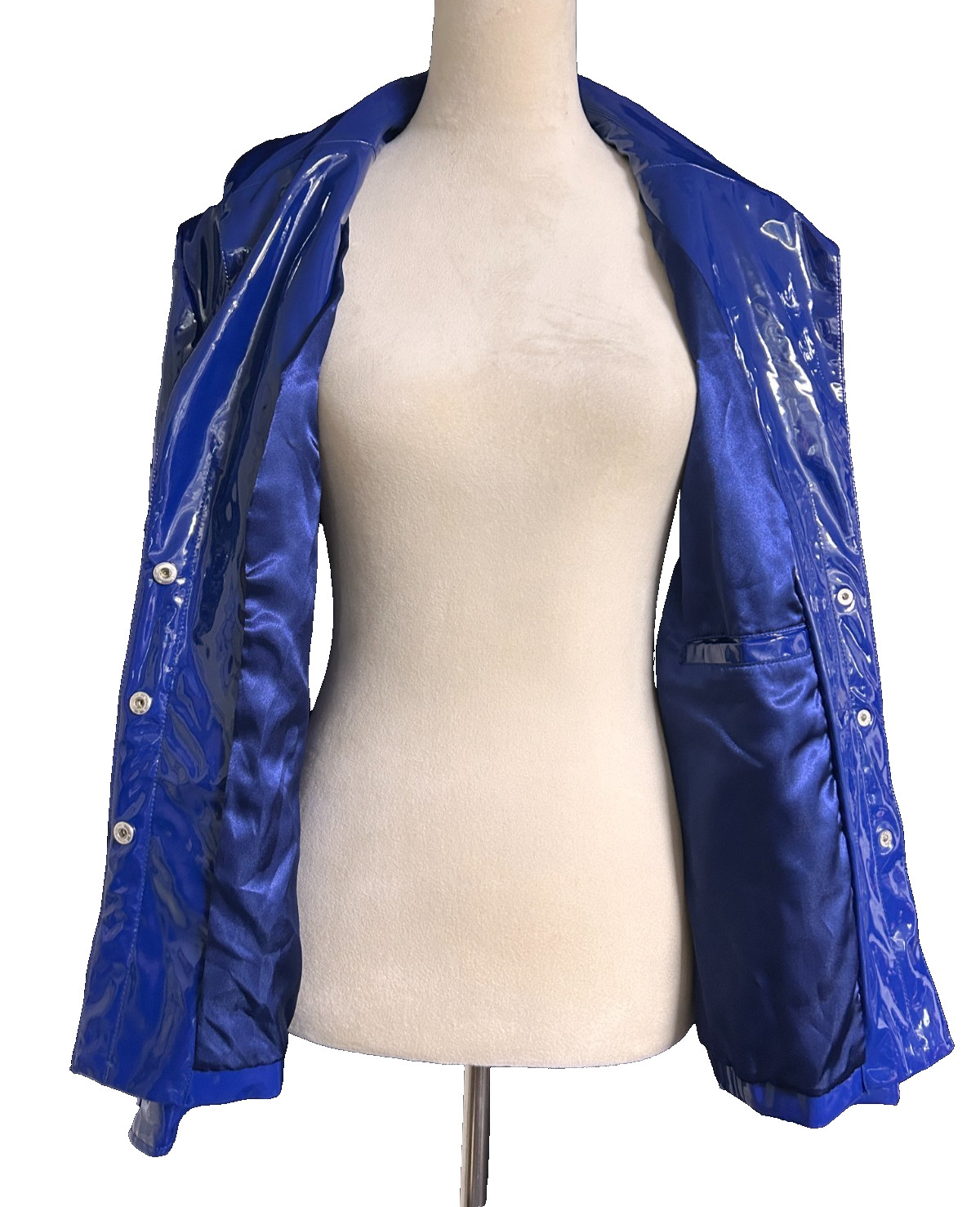 VTG 90s Does 60s Bright Blue Vinyl Mod Pamela McCoy Patent Rain Jacket Size L