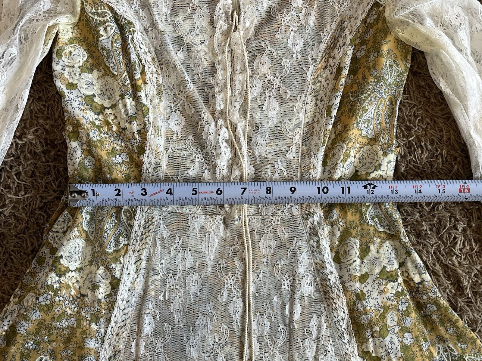 Vintage Floral Green Tan Floral Lace No Tags Prairie Maxi Dress