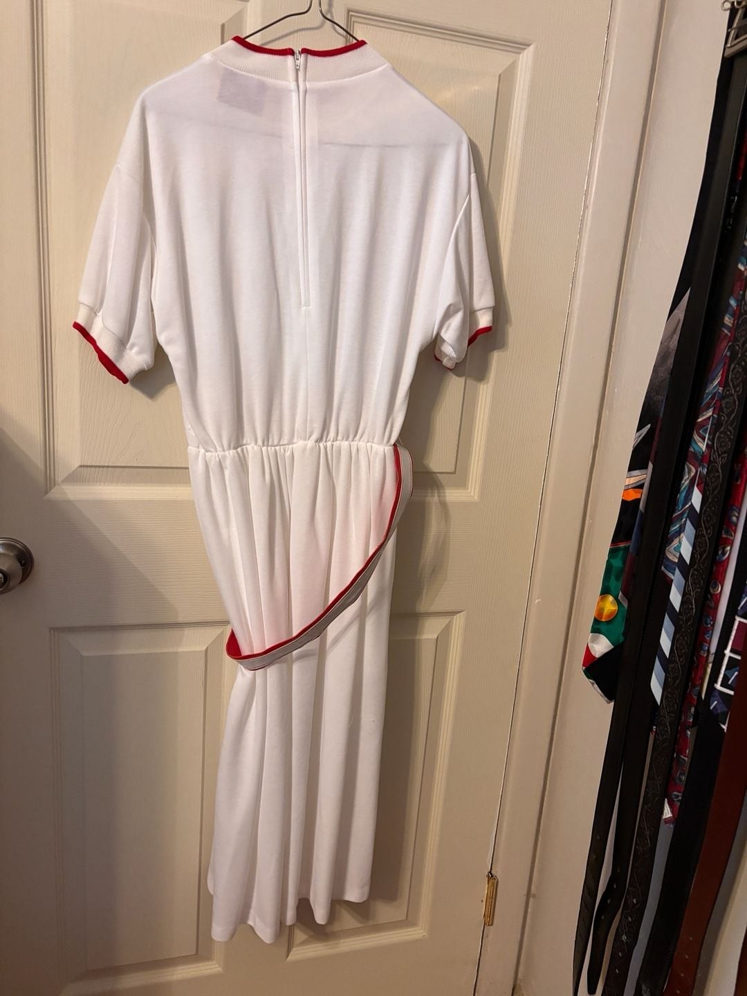 Vintage EJM Petite White Monogrammed Short Sleeve Dress with Belt