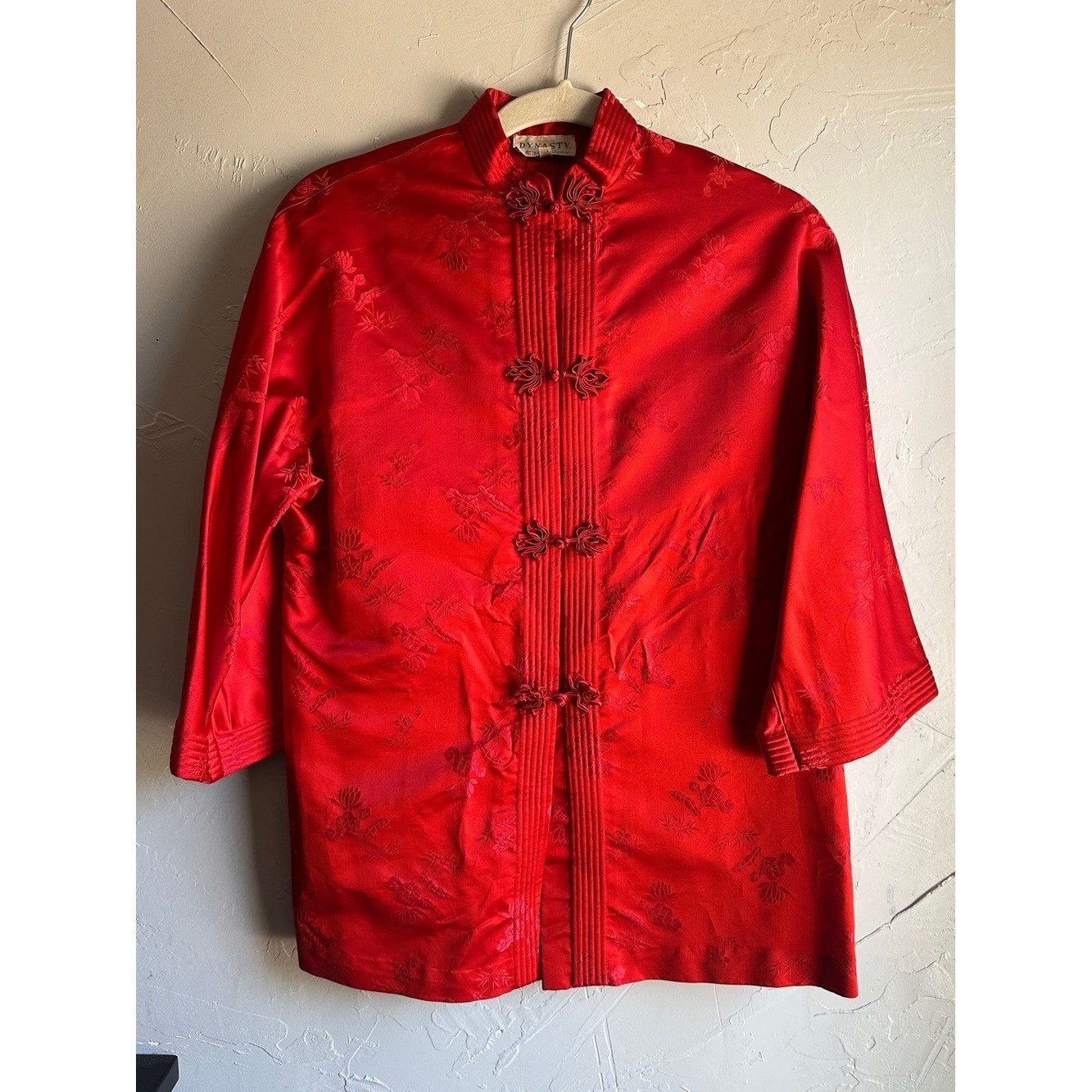 Vintage Red Mandarin Frog Closure Satin Jacquard Jacket Chinese Brocade Artwear