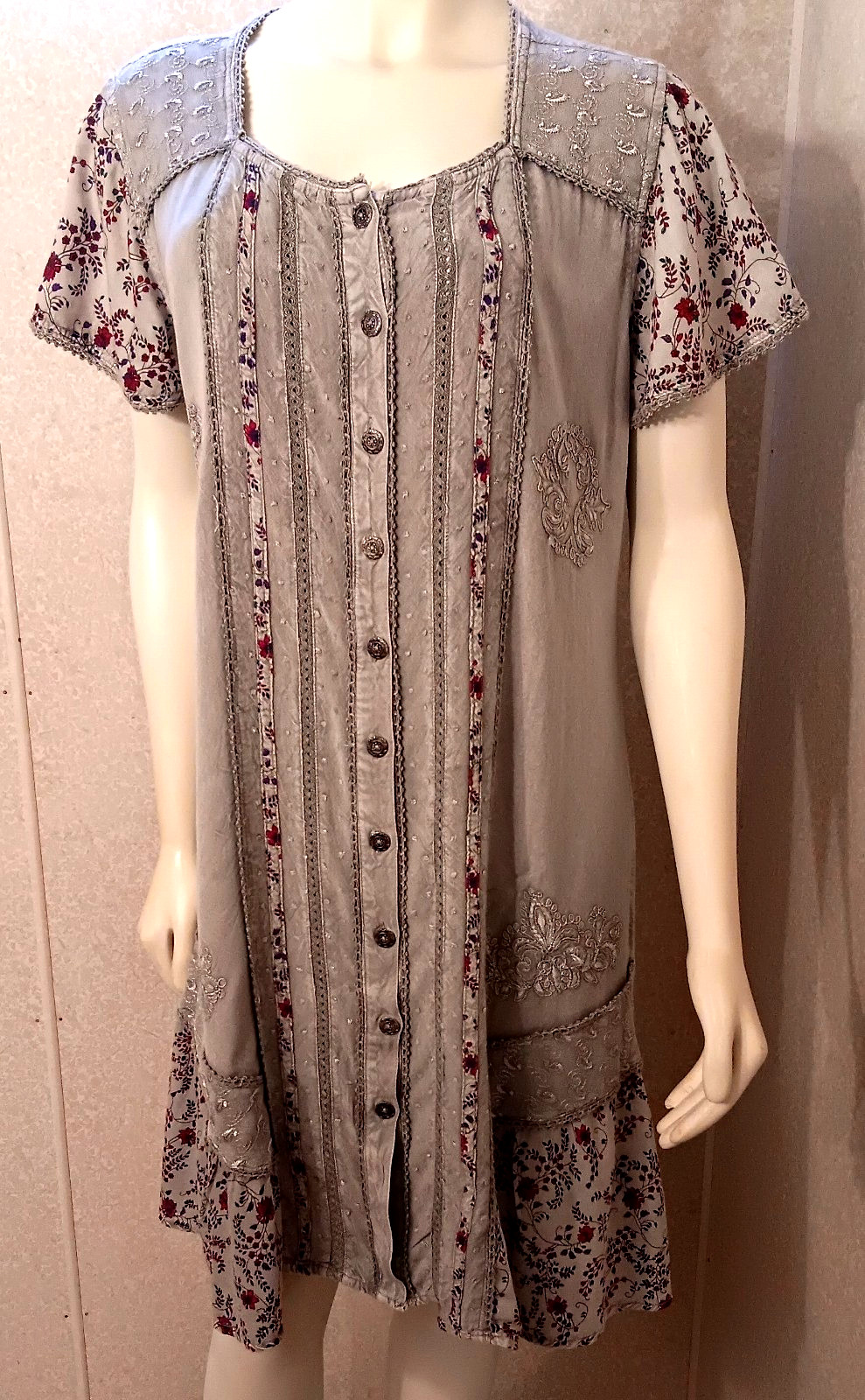 Vtg Coline, Bohemian, Chambray Embroidered Midi Dress, Gray & Cranberry, Lrg