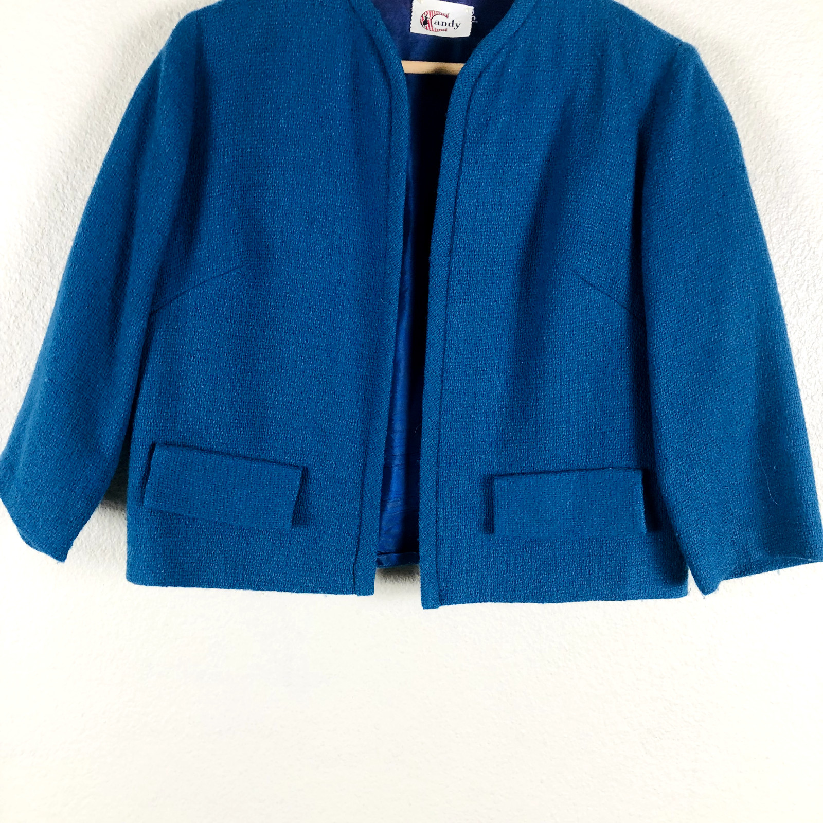 Vintage Candy Blazer Jacket Womens 12 Blue Open Cropped Career Workwear Casual