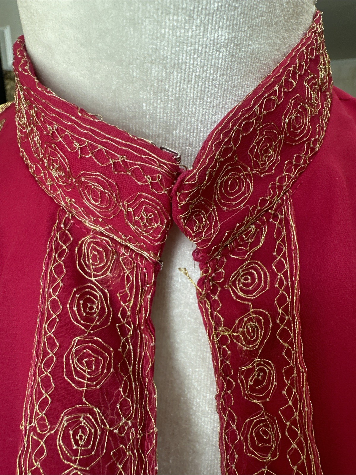 Jack Bryan NWT 70s Raspberry Pink Voile & Gold Embroidery Blouson Maxi Dress S