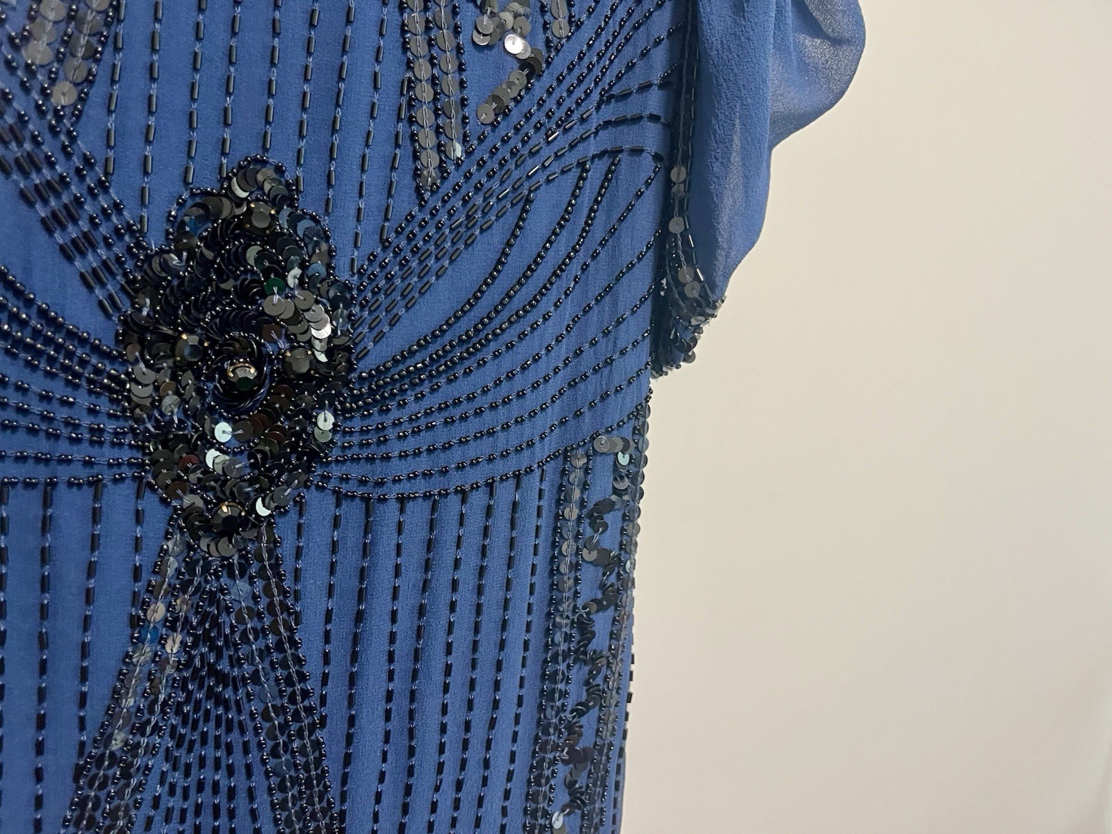 Vintage 1920s Style Silk Flapper Dress Beaded Sequin Gatsby Party Blue XS UK 8