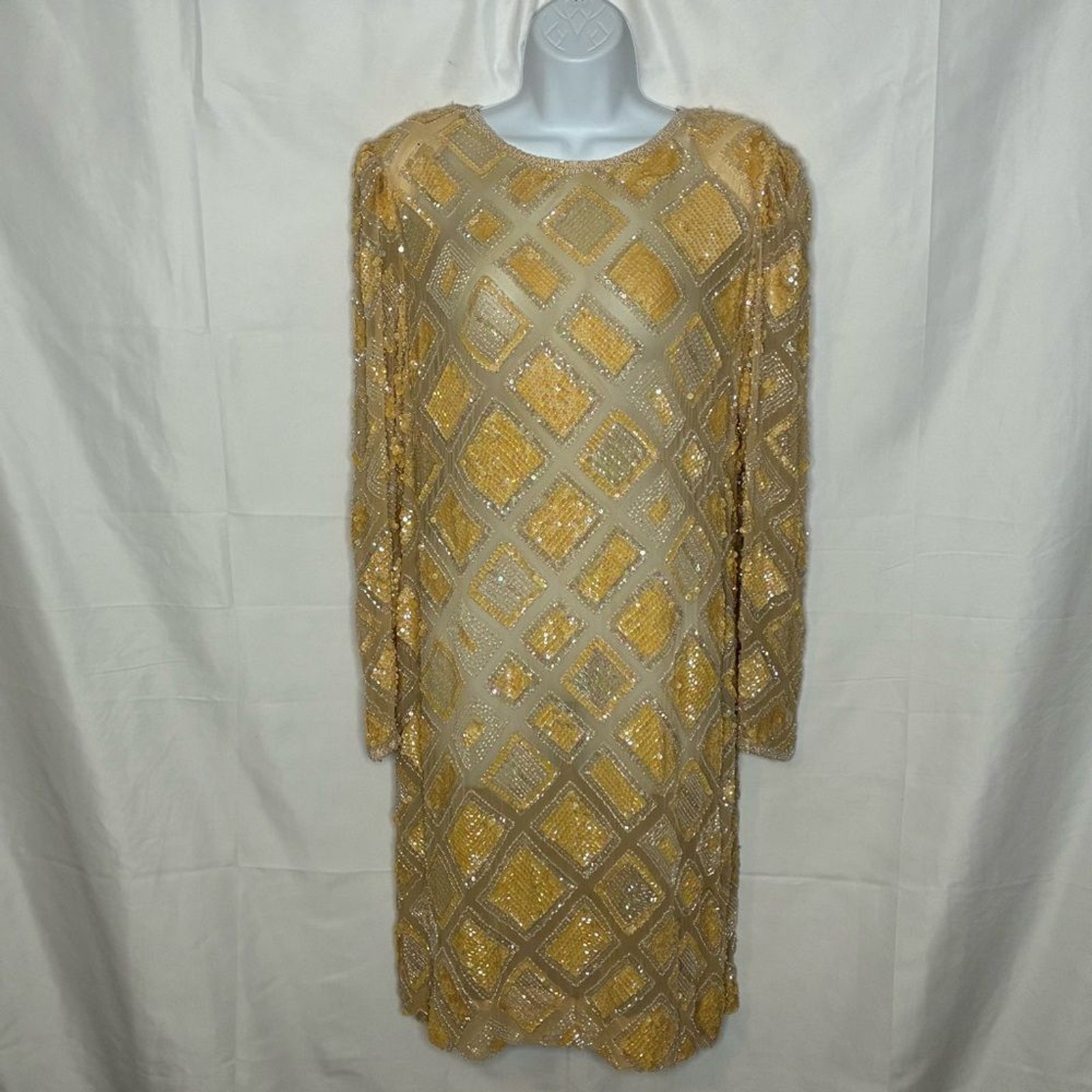Vintage Gold Sequin Dress size Large SEE DESCRIPTION Sheer Disco Statement Piece
