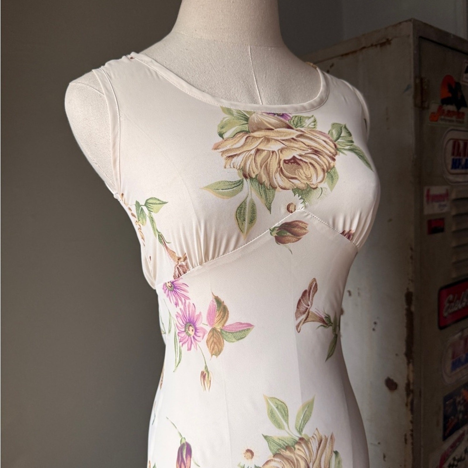 Vintage 90s Floral Slip Maxi Dress | Bias Cut Cream Rose Print Cottagecore | XS