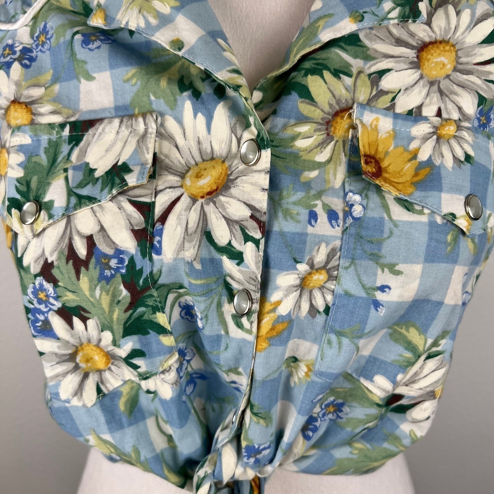 Paris Blues Vintage Western Daisy Gingham Tie Front Crop Shirt Blue White Medium