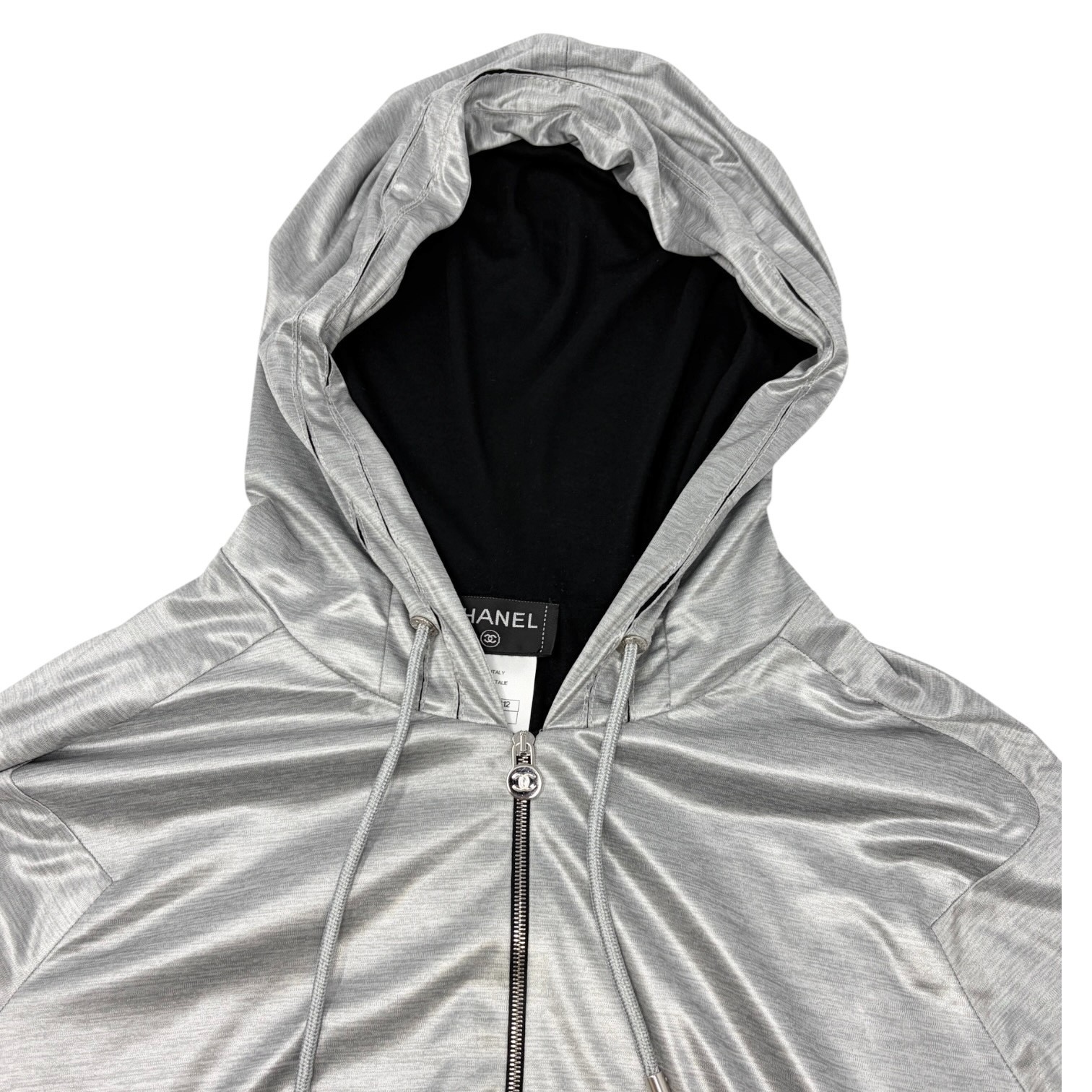 CHANEL Vintage P43484 Big CC Logo Zip Hoodie Jacket #42 Silver Black 901958
