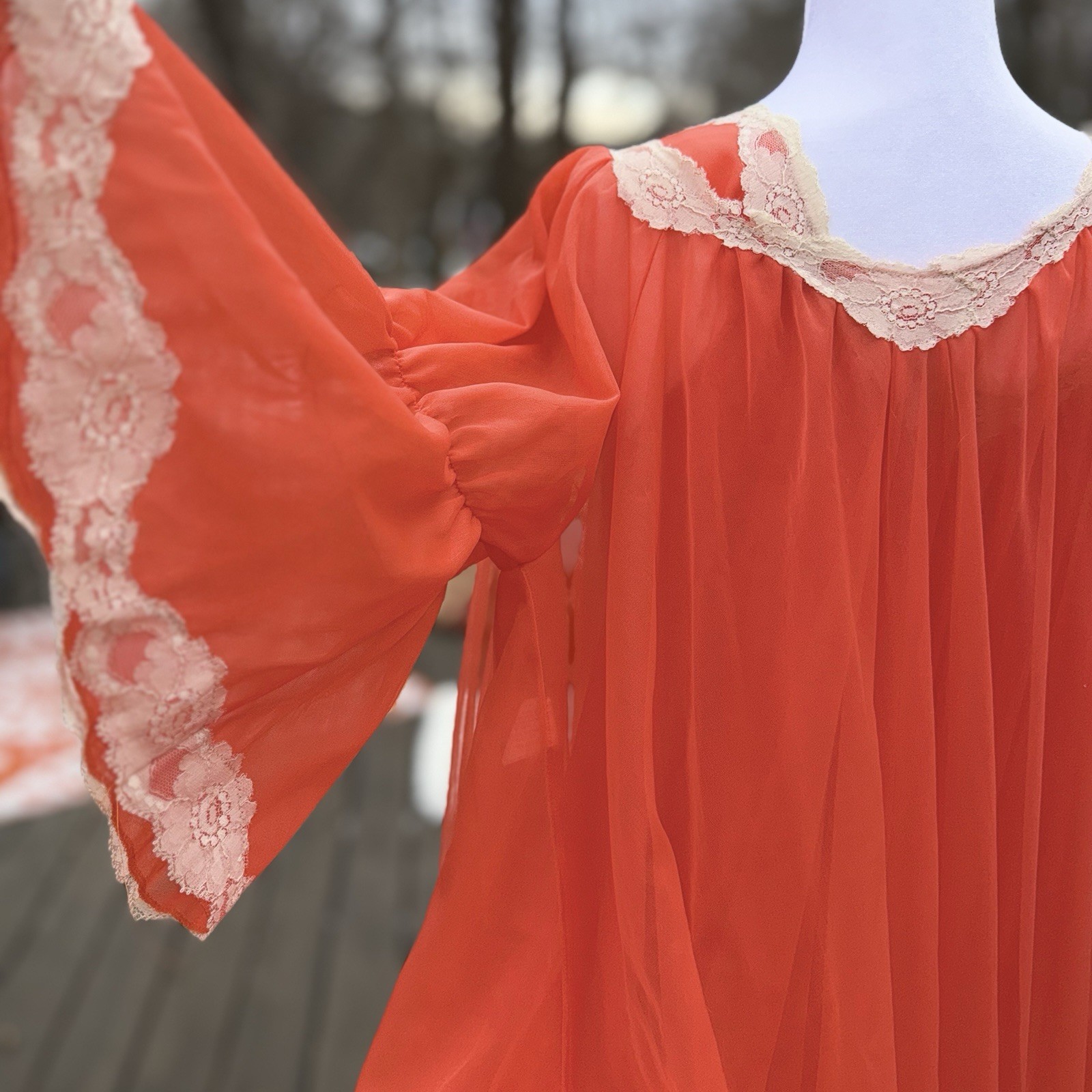 Vtg Intime Nightgown & Robe Double Chiffon Peignoir Set Flame Orange Sweep S M +