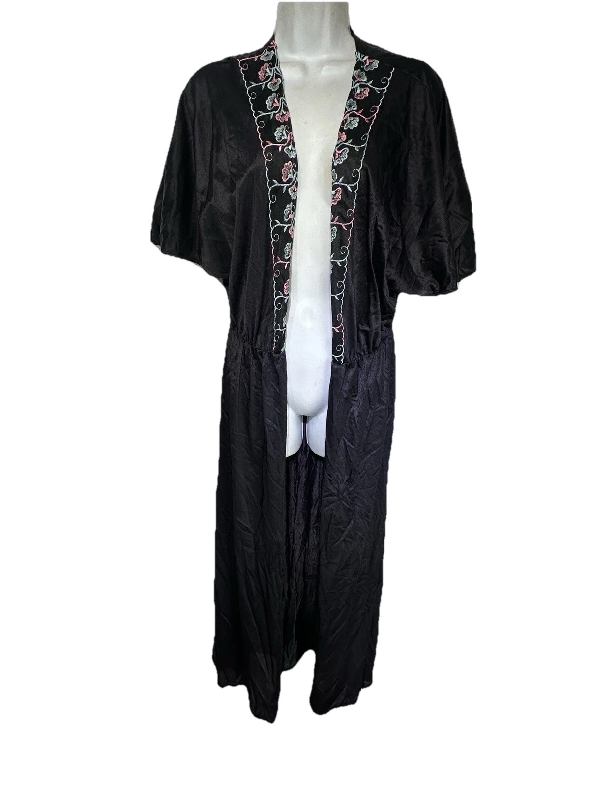 vintage Alan R. Womens Size XL Nylon floral embroidered Tie Front robe Sleepwear