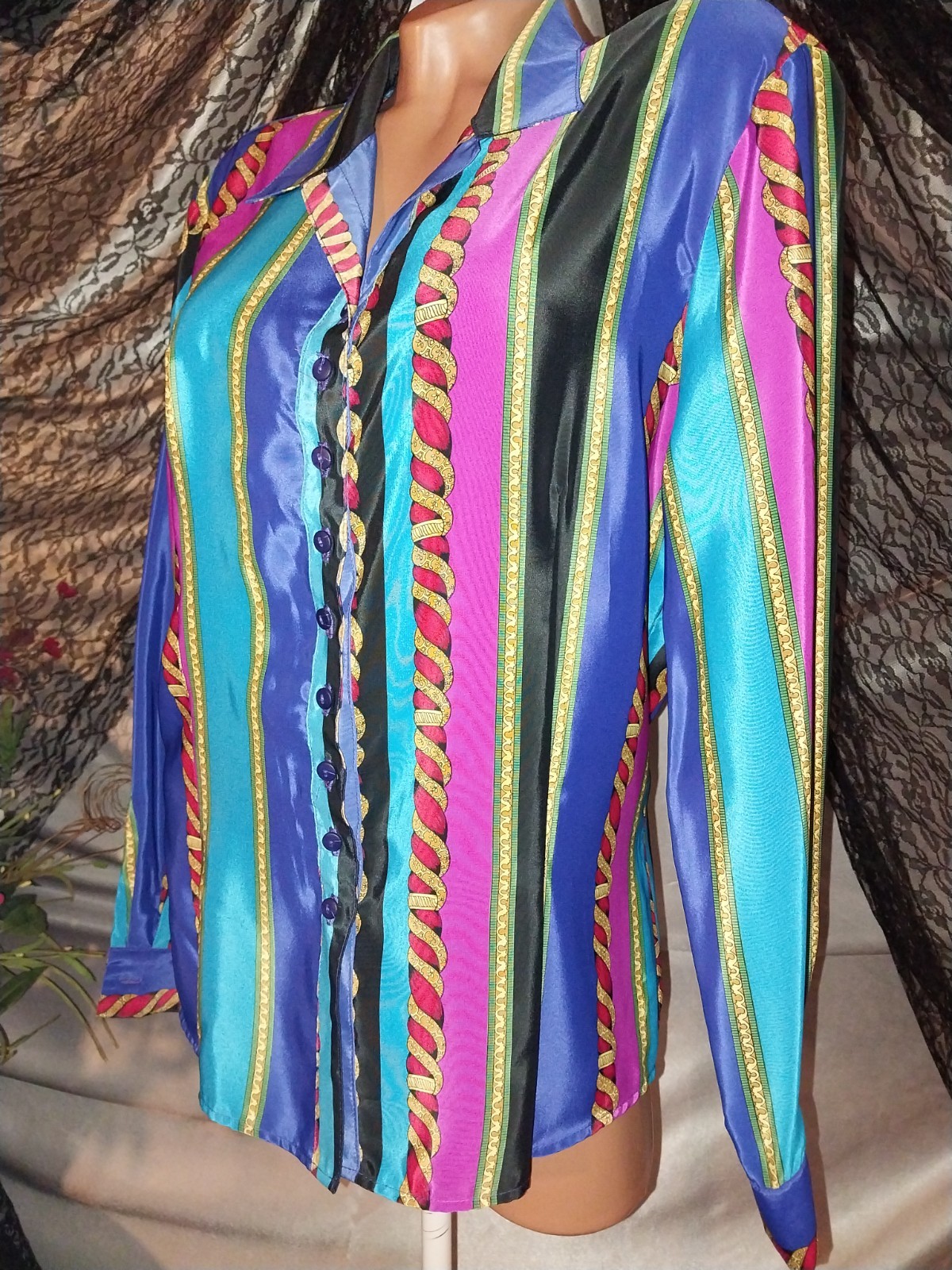 VTG SATIN SHINY VERSACE ESQUE NOTCH COLLAR BLOUSE GOLD ROPES GEO TOP USA 40&Prime; NOS