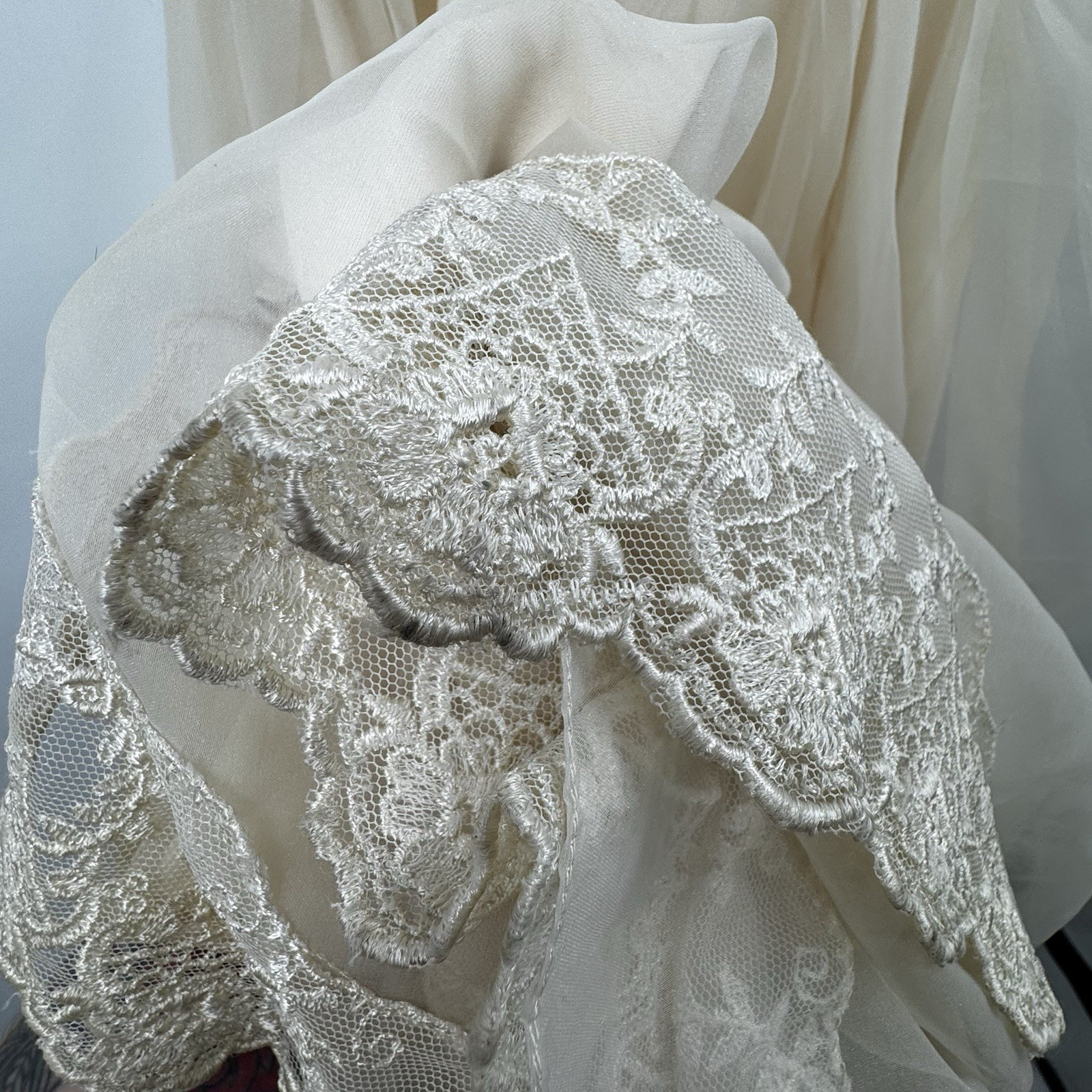 Vintage Lace Overlay Cap Sleeve Wedding Dress with Bustle Handmade Ivory Color