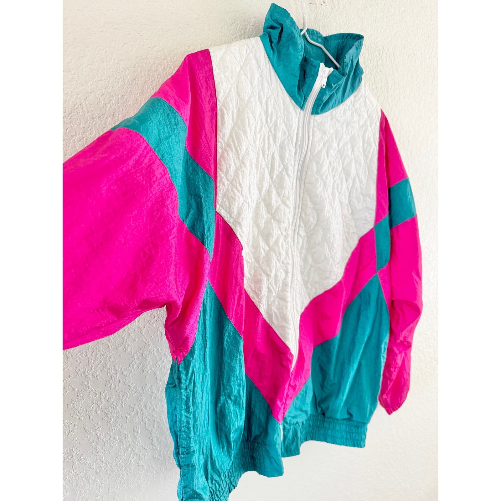 Sunterra Windbreaker Jacket Womens Medium Pink Teal Vintage 90s Colorblock