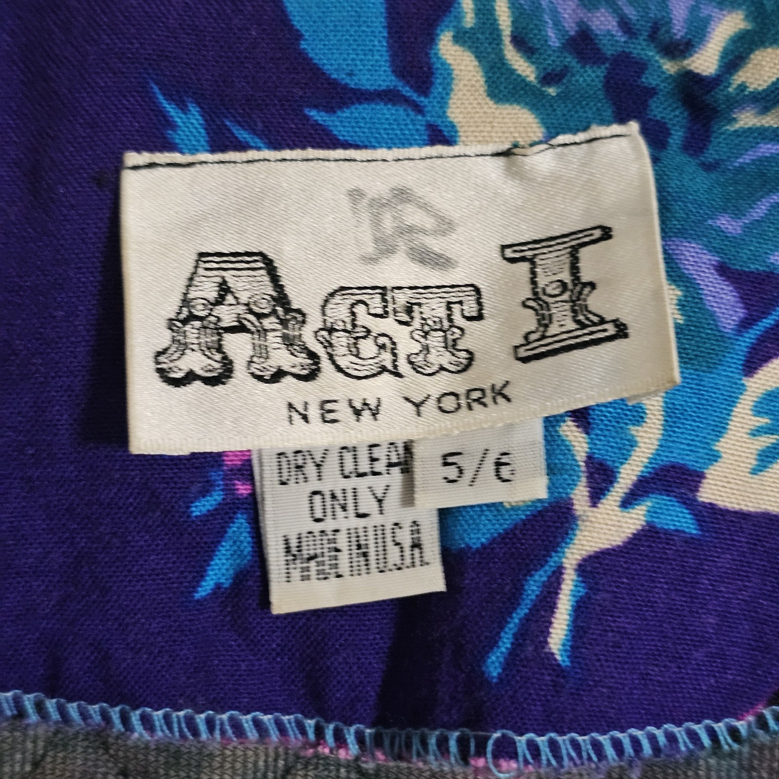Vtg ACT I 5/6 Quilted Button Jacket Shoulder Pads Multicolored Blues