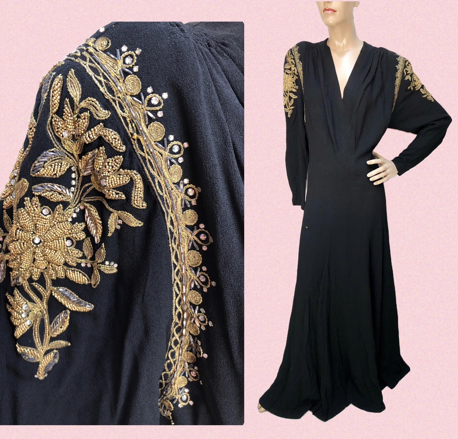 VTG 1940s Black RAYON CREPE Drama Queen NEW YORK CREATION *Beaded EVENING GOWN