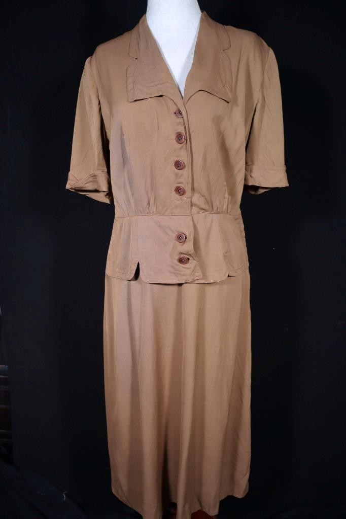 Rare Labeled Vintage 1940&rsquo;s WWII French Brown Rayon Gabardine Dress Size12+