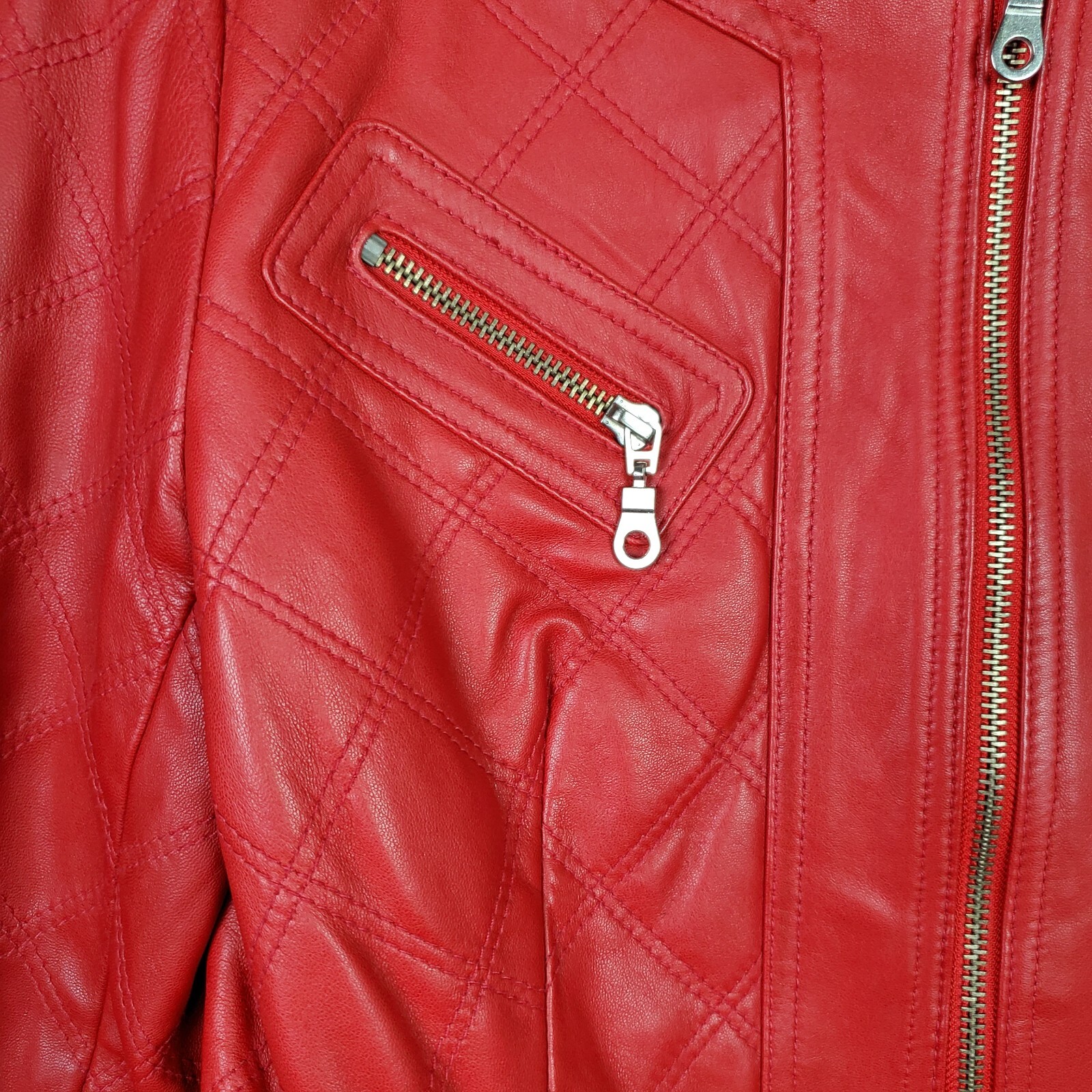 Vintage Womens Crop Lamb Leather Jacket XS Red Biker Harley Moto Full Zip Pocket