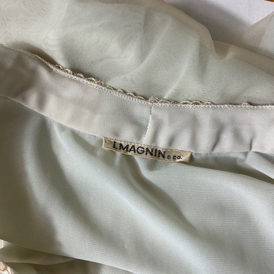 Vintage 50s Odette Barsa Ivory, Blue & Pinkish Ivory Lace Trim Nylon Nightgown L