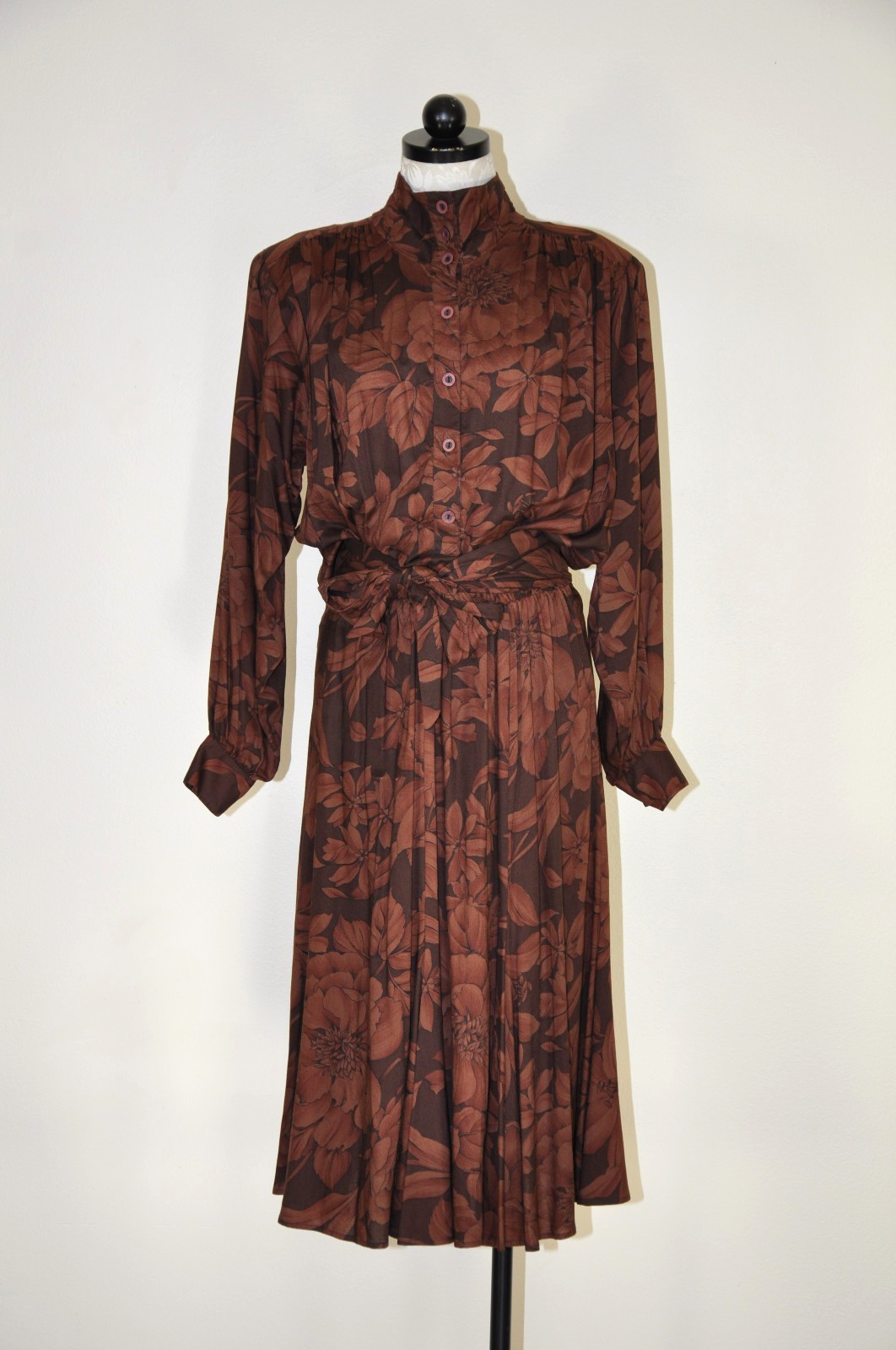 80s Vintage Coffee Brown Lily Print Puff Sleeve Wrap Midi Shirtdress Women M L
