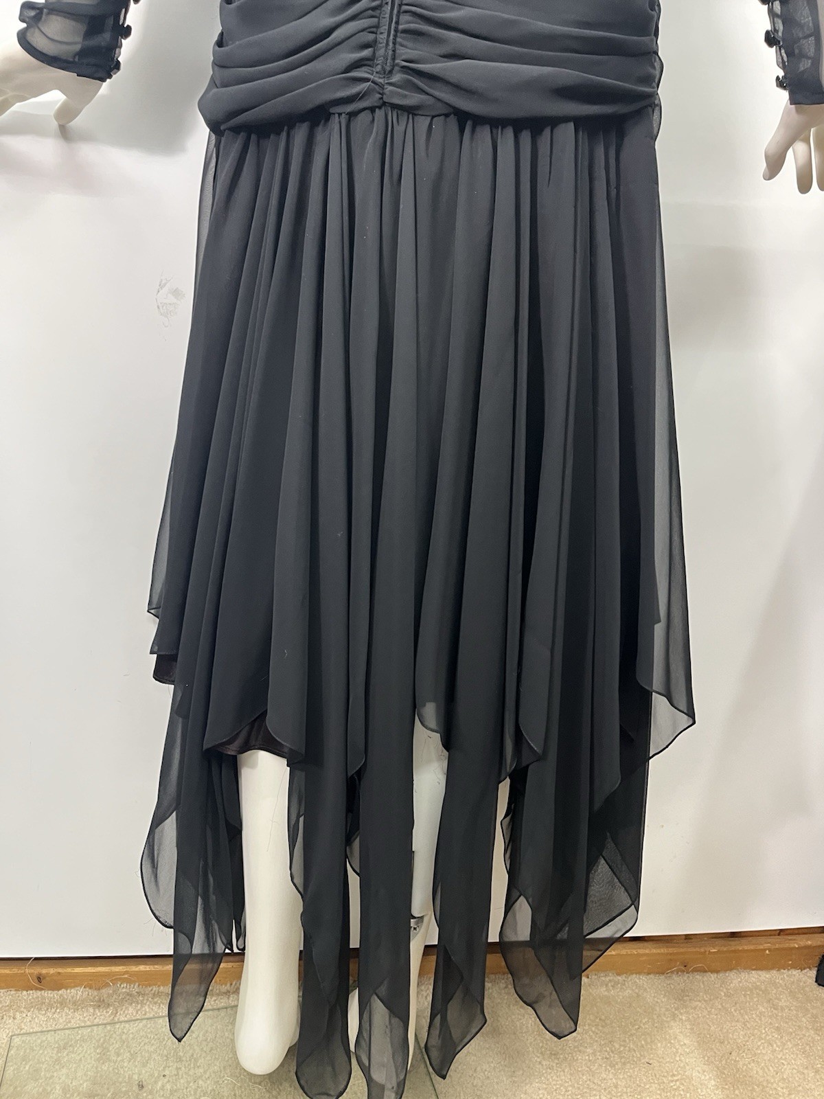 Vtg 80s Tadashi Black Dress Party Cocktail Ruched Chiffon Handkerchief Hem Sz 16