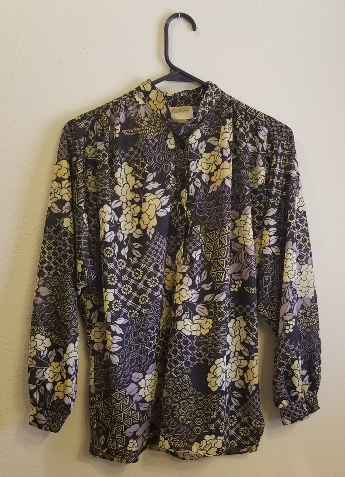 Vintage Stockton Semi Sheer Flowy Blouse Gold Grey Black Floral Womens L